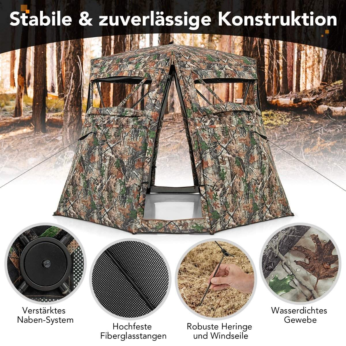 Un puesto de caza camuflado se encuentra en un bosque. Los detalles muestran un sistema de cubo, varillas de fibra de vidrio, estacas y tela impermeable.