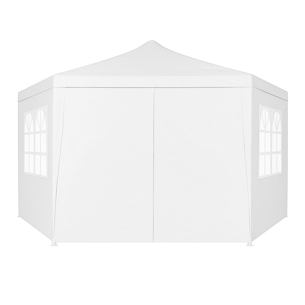 Un cenador hexagonal blanco con dos puertas y ventanas laterales se muestra sobre un fondo blanco.