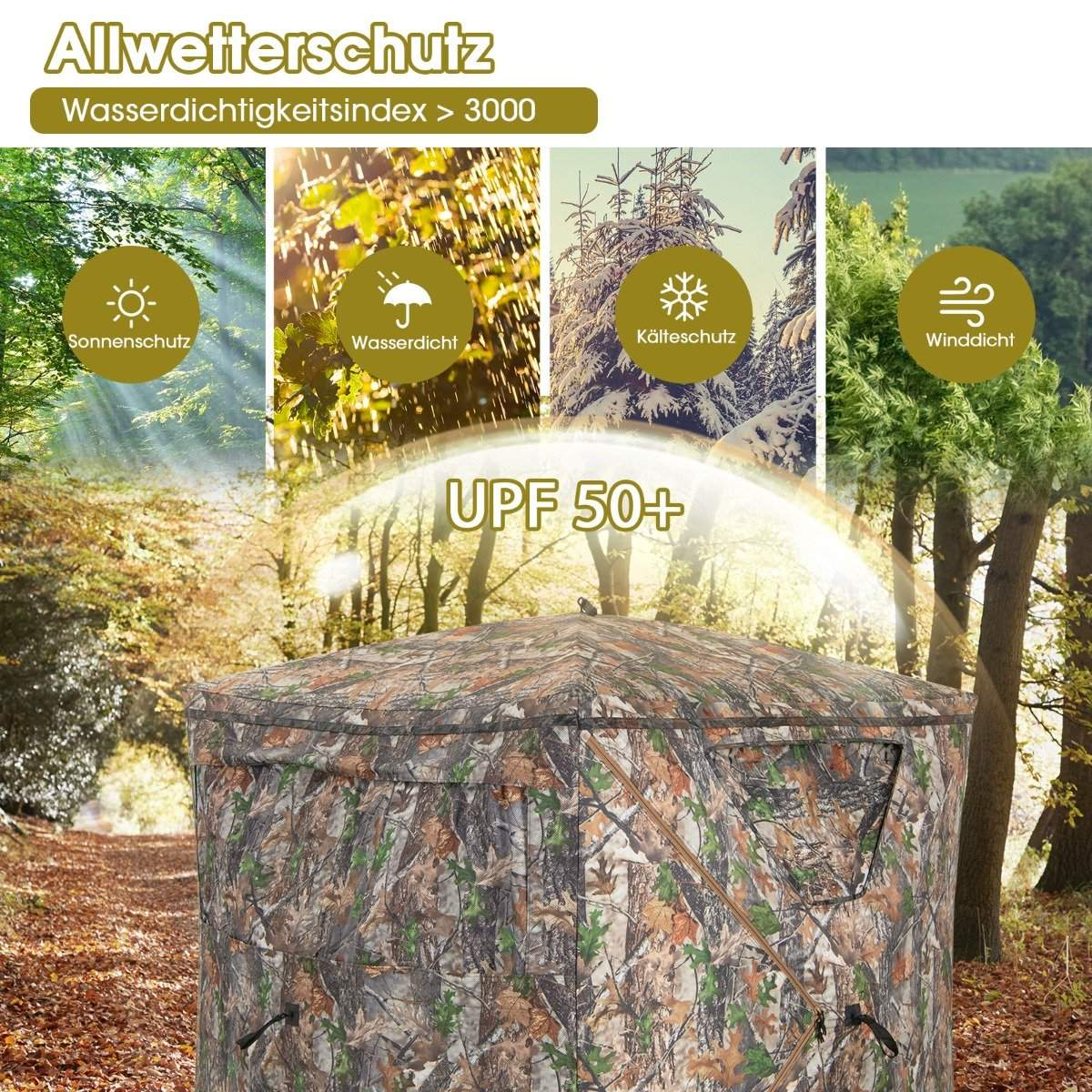Tienda de camuflaje en el bosque, con iconos de sol, lluvia, nieve y viento. Etiqueta UPF 50+ y texto alemán.
