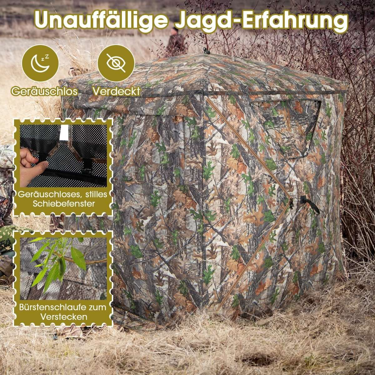 Un puesto de caza camuflado está instalado en un campo. Tiene ventanas y una puerta. Texto en alemán describe características.