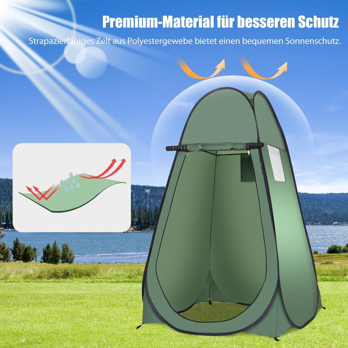 Una tienda de campaña verde en la hierba. El fondo muestra un lago y montañas bajo un cielo azul. Texto sobre material premium para mejor protección.