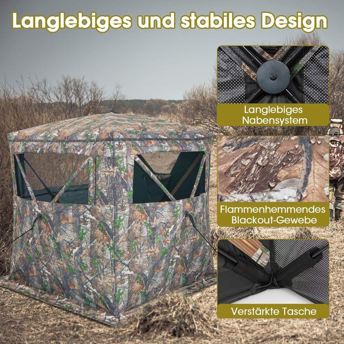 Un puesto de caza de camuflaje está instalado en un campo. Los detalles muestran un sistema de cubo duradero, tela opaca y bolsa reforzada.
