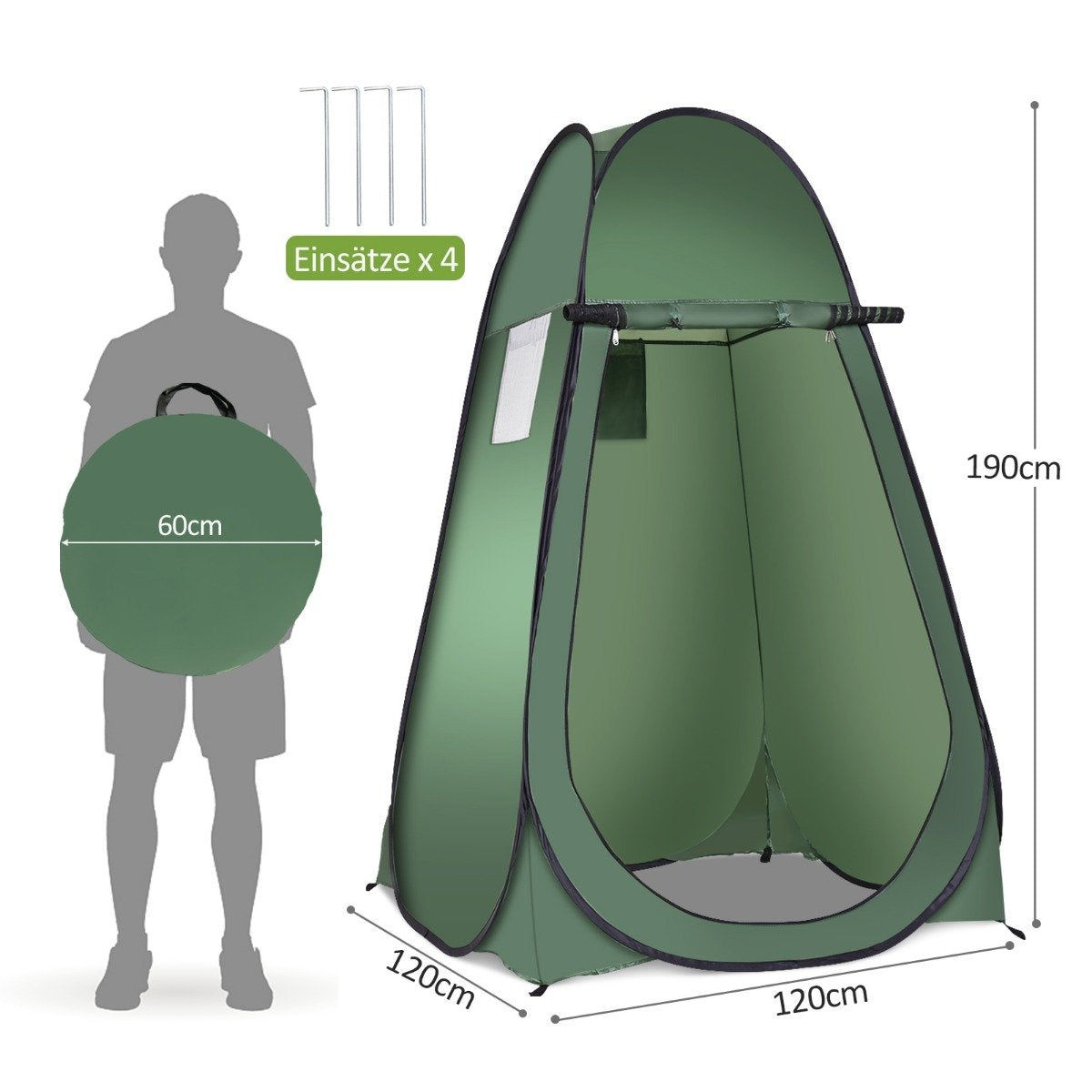Una tienda portátil verde con una silueta con forma de hombre sosteniendo un objeto redondo verde. Se muestran las dimensiones. También se muestran estacas.