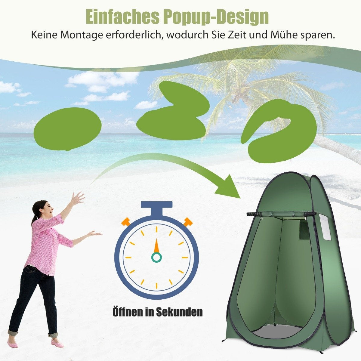 La imagen muestra a una mujer cerca de un cronómetro y una carpa emergente verde en una playa. El texto indica una fácil configuración.
