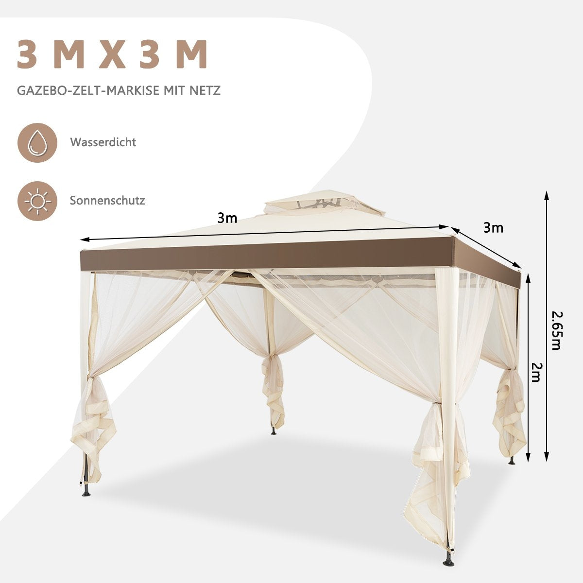 Un cenador beige y marrón con dimensiones de 3m x 3m. Incluye protección solar y diseño impermeable, con cortinas de red.