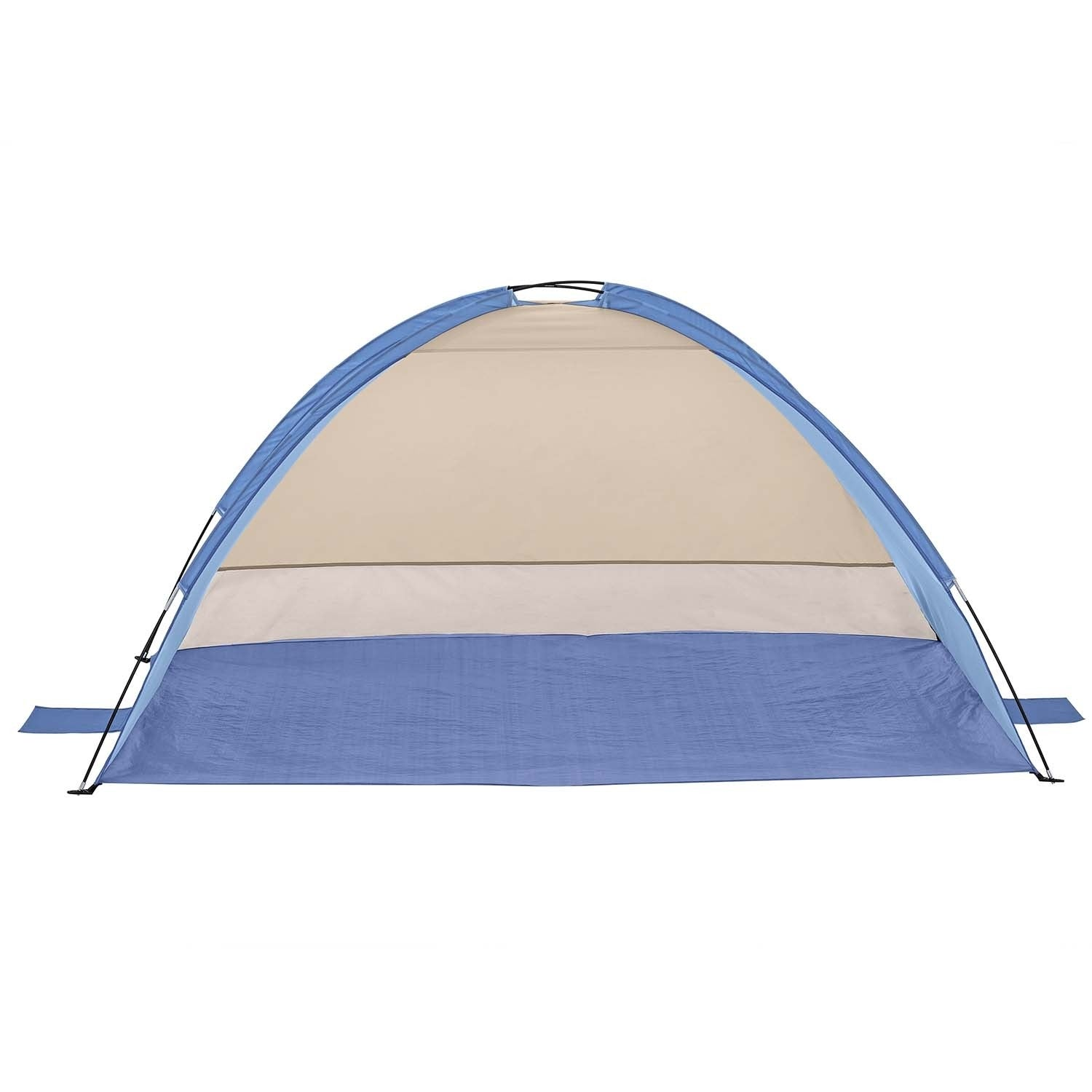 Una carpa de playa azul y beige se instala sobre un fondo blanco. Tiene una parte superior redondeada y una base azul.