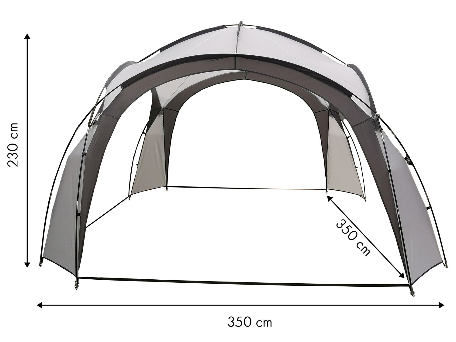 Una estructura similar a una carpa gris y blanca con dimensiones de 350 cm de ancho y 230 cm de alto. Está sobre fondo blanco.