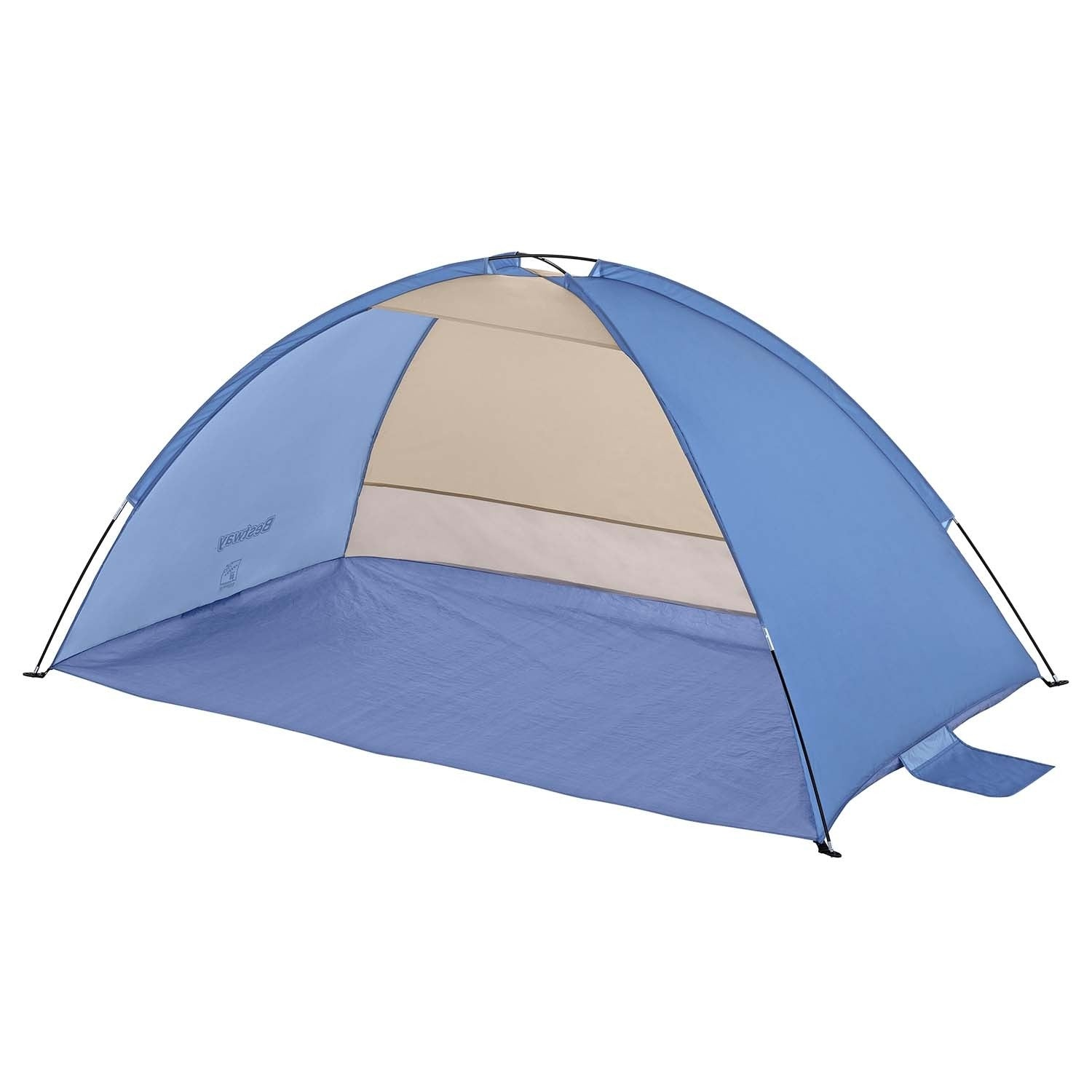 Un parasol azul y beige está montado. El parasol tiene un techo curvo y una lona de suelo. Varillas metálicas sostienen la estructura.