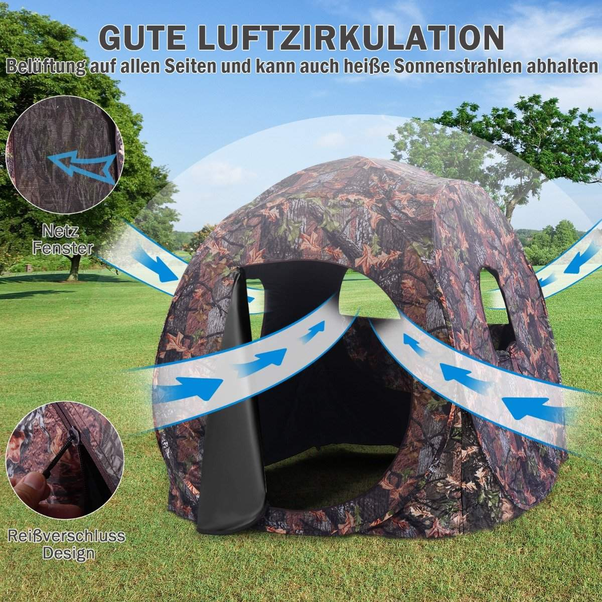 Una tienda de camuflaje se muestra en un campo verde. Tiene ventanas abiertas y flechas de flujo de aire. El texto dice buena circulación de aire.