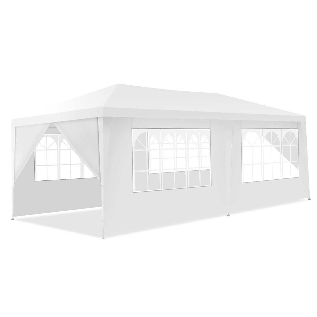 Un cenador rectangular blanco con ventanas. Tiene un techo puntiagudo y está sobre un fondo blanco.