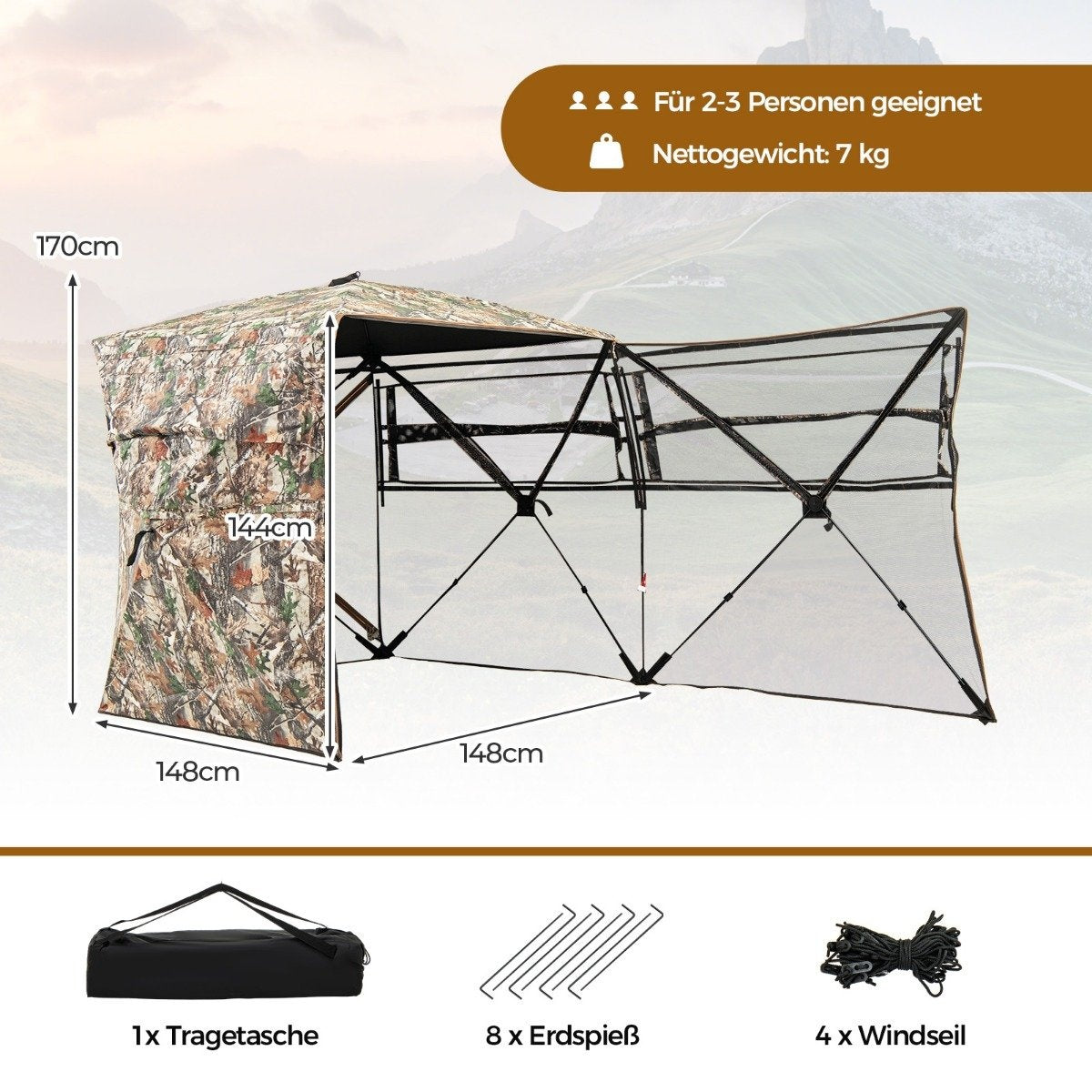 Una tienda de caza de camuflaje con dimensiones, incluyendo una bolsa, estacas y cuerdas. Es adecuada para 2-3 personas, pesa 7 kg y está contra un fondo montañoso.