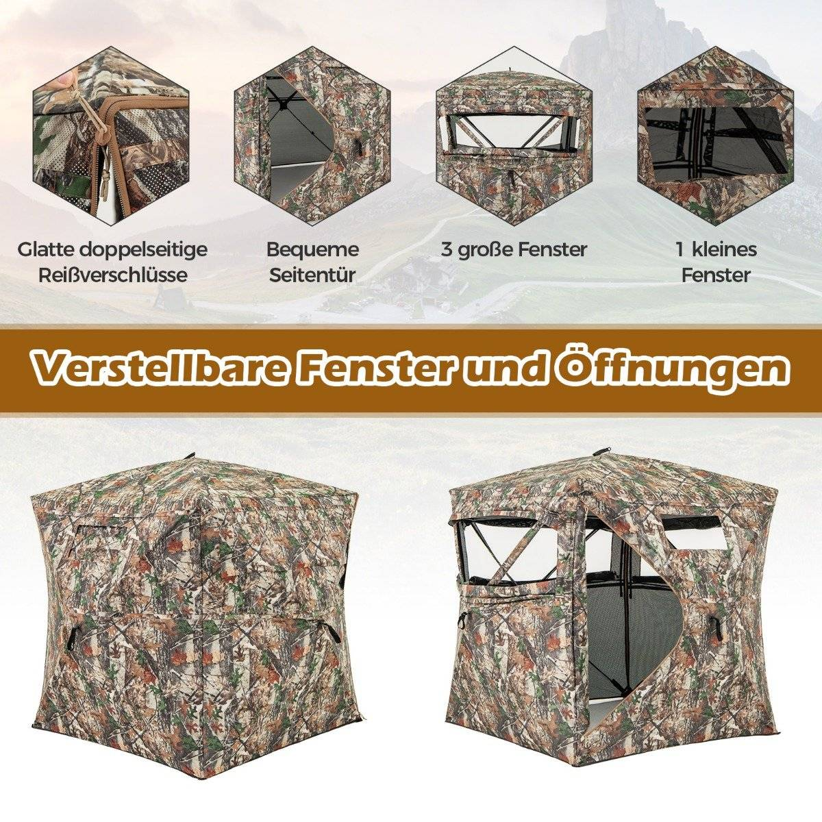 Cabaña de caza camuflada con múltiples ventanas, cremalleras y puerta lateral. Texto describe ventanas ajustables.
