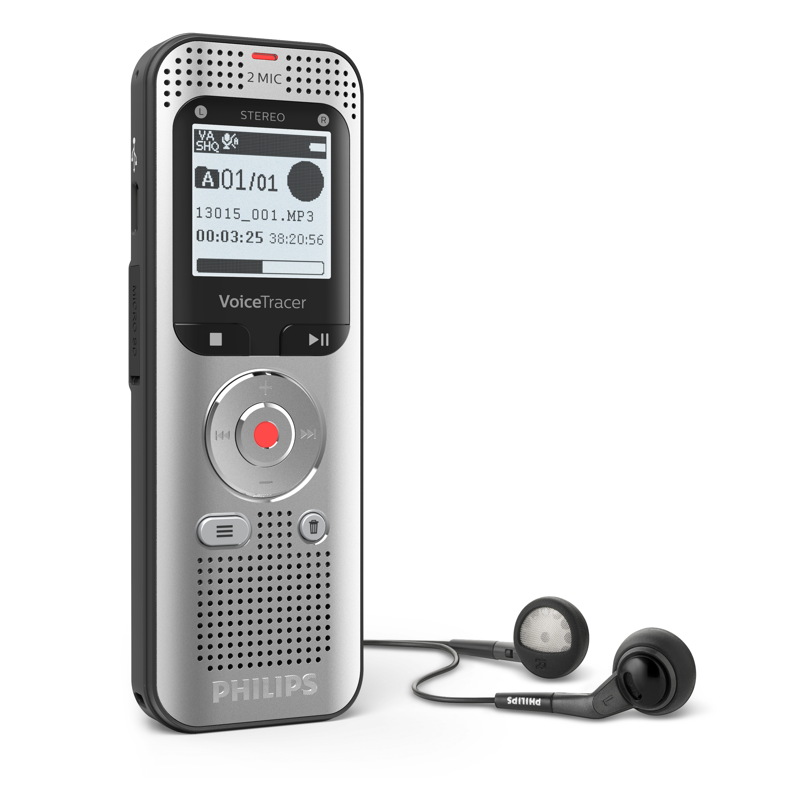 Una grabadora Philips VoiceTracer plateada con auriculares. Muestra una grabación. La grabadora está sobre un fondo blanco.