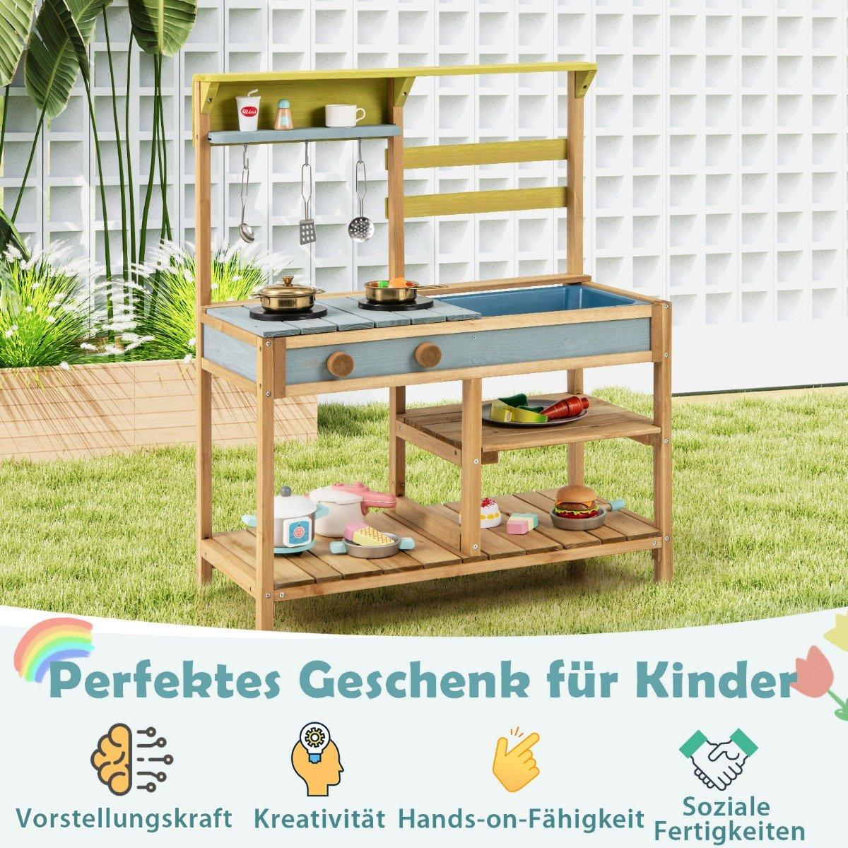 Juego de cocina de madera al aire libre. Cuenta con fregadero, estufa, estantes y utensilios. Incluye comida de juguete.