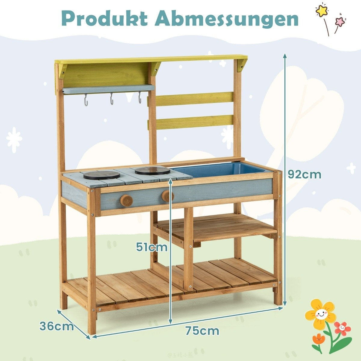 Cocina de juego exterior de madera con dimensiones etiquetadas. Incluye estufa, fregadero, estantes y ganchos. Fondo azul claro con flores.
