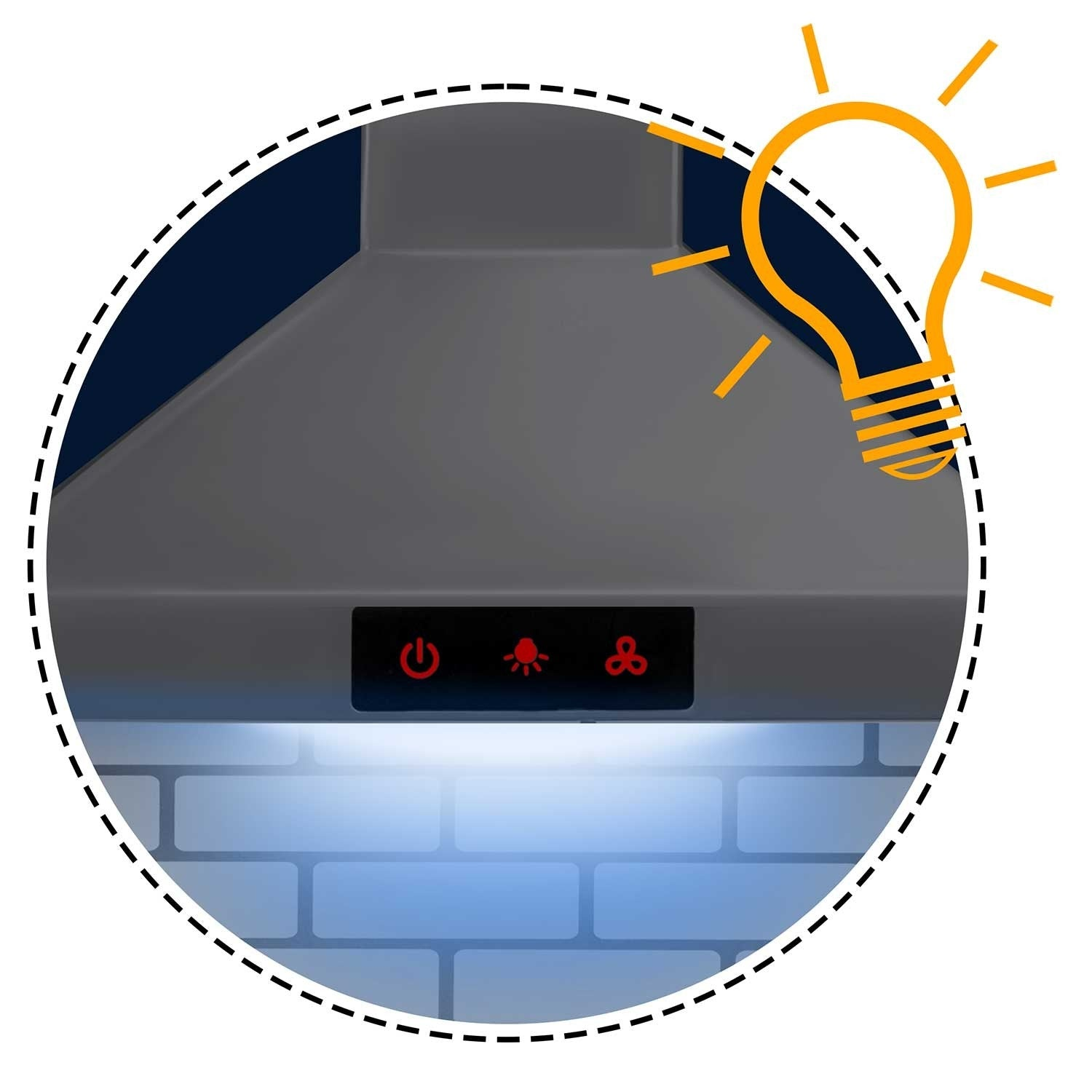 Una campana extractora con iconos rojos para encendido, luz y ventilador. Un gráfico de bombilla en la parte superior derecha y un fondo de pared de ladrillo.
