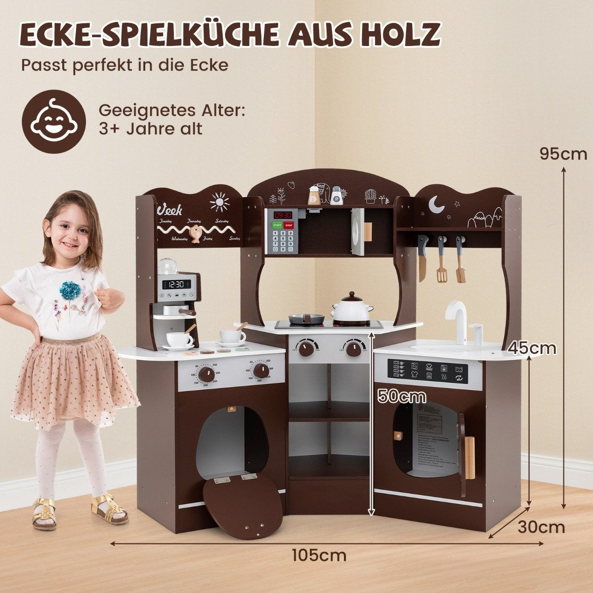 Una niña está de pie junto a una cocina de juguete de madera. La cocina tiene una estufa, un fregadero, un microondas y una cafetera. Se muestran las dimensiones.