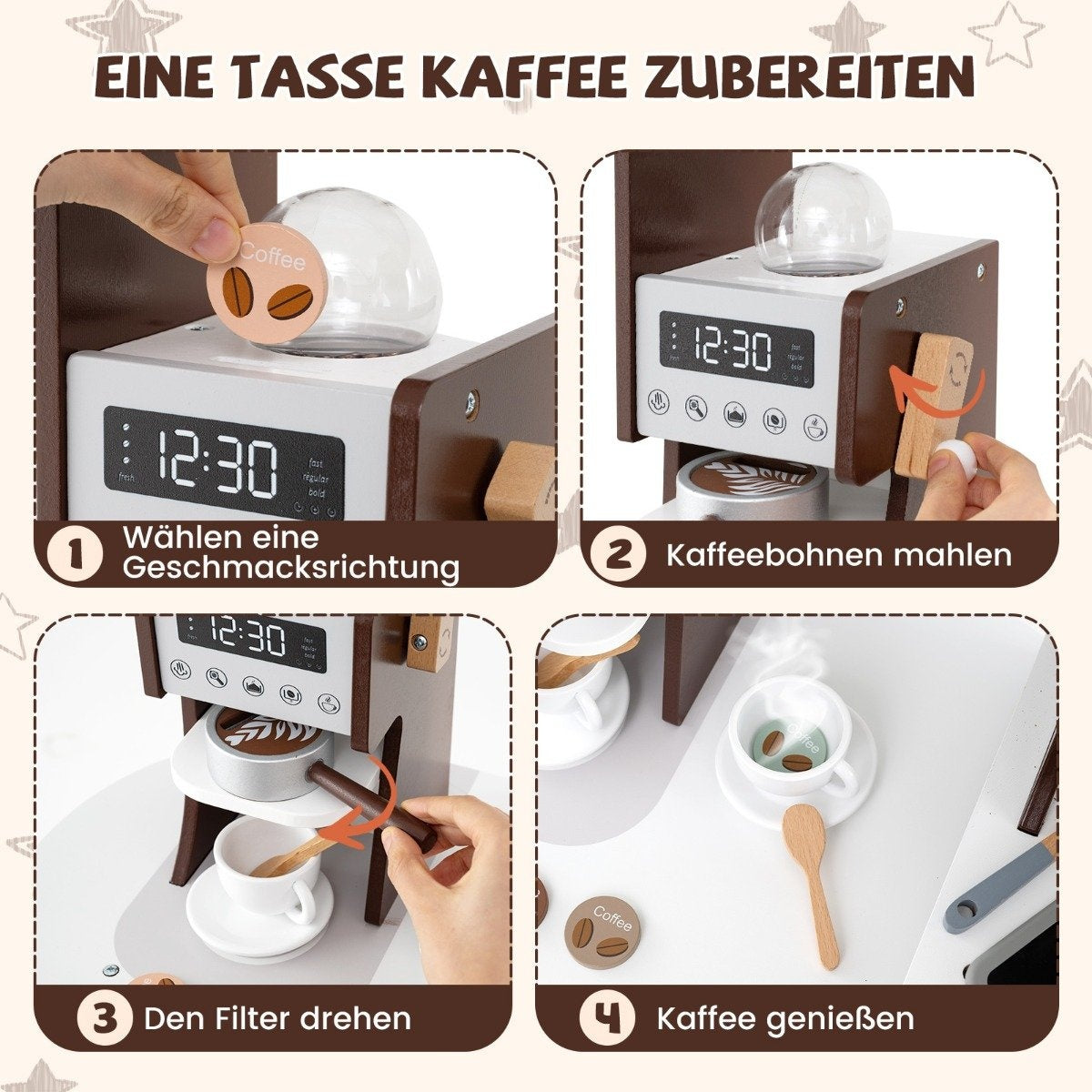 Cafetera de juguete de madera con pasos: elegir sabor, moler granos, girar el filtro y disfrutar del café. Incluye taza y granos.