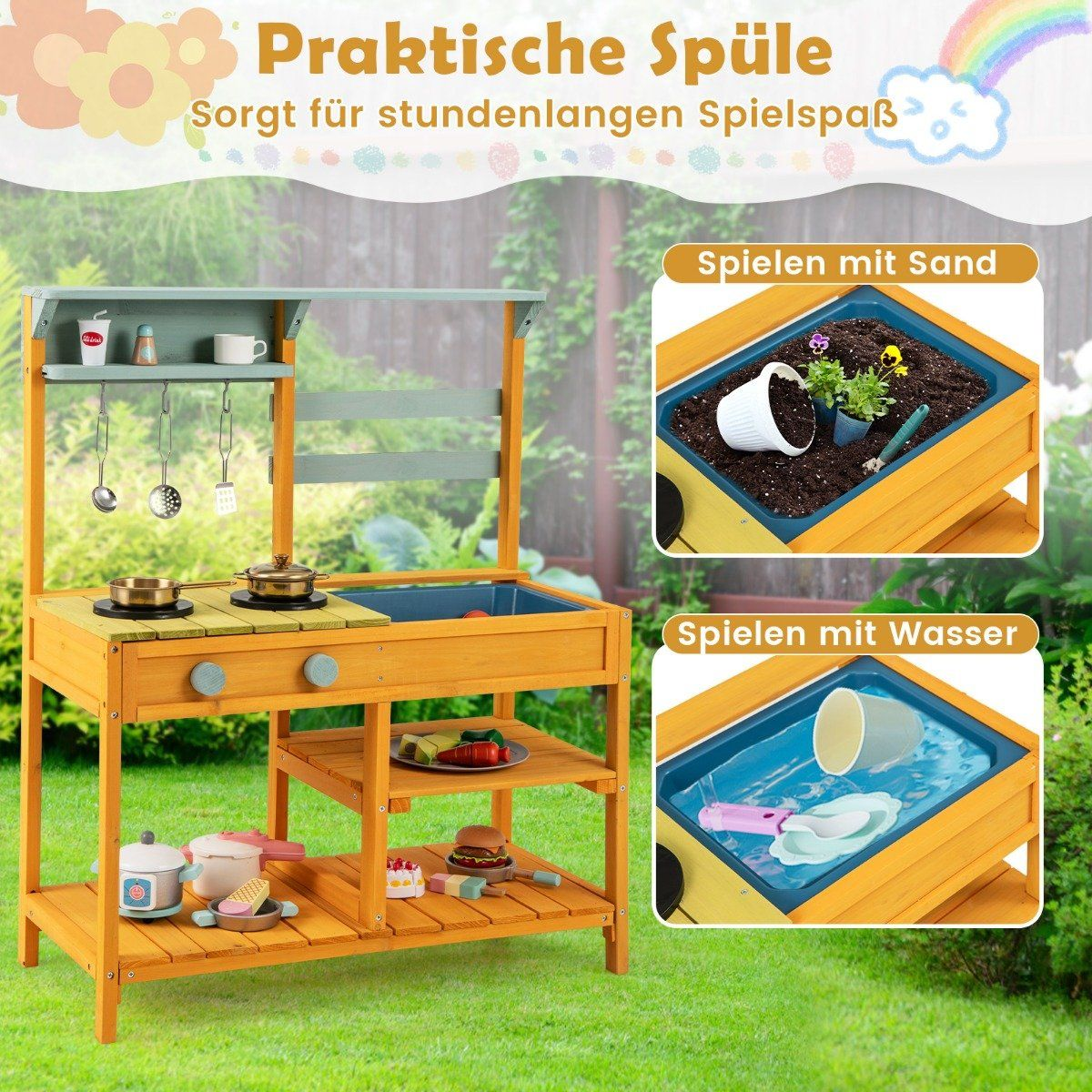 Cocina de juguete de madera con fregadero y accesorios, incluyendo ollas, sartenes y alimentos, con áreas de juego de arena y agua.