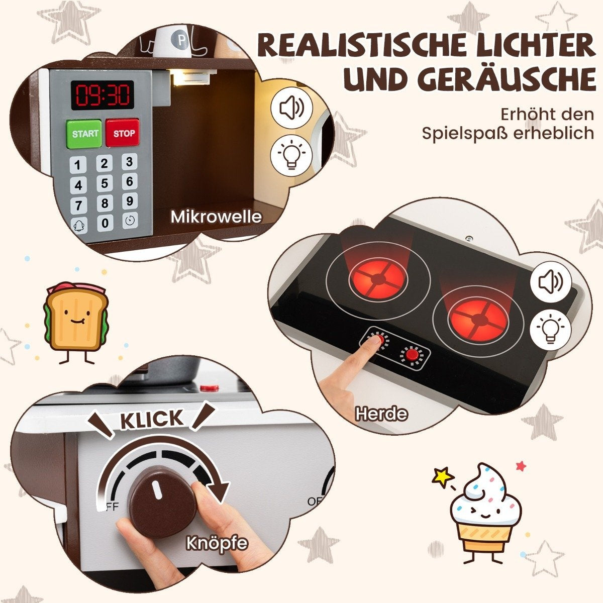 Un juego de cocina de juguete con microondas, estufa y perillas. Texto: Luces y sonidos realistas. Incluye una ilustración de tostadas y helado.