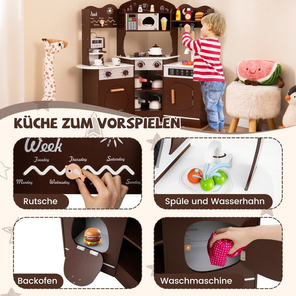 Un niño juega con una cocina de madera. La cocina tiene horno, microondas y fregadero. Accesorios: jirafa, taburete de sandía y pingüino.