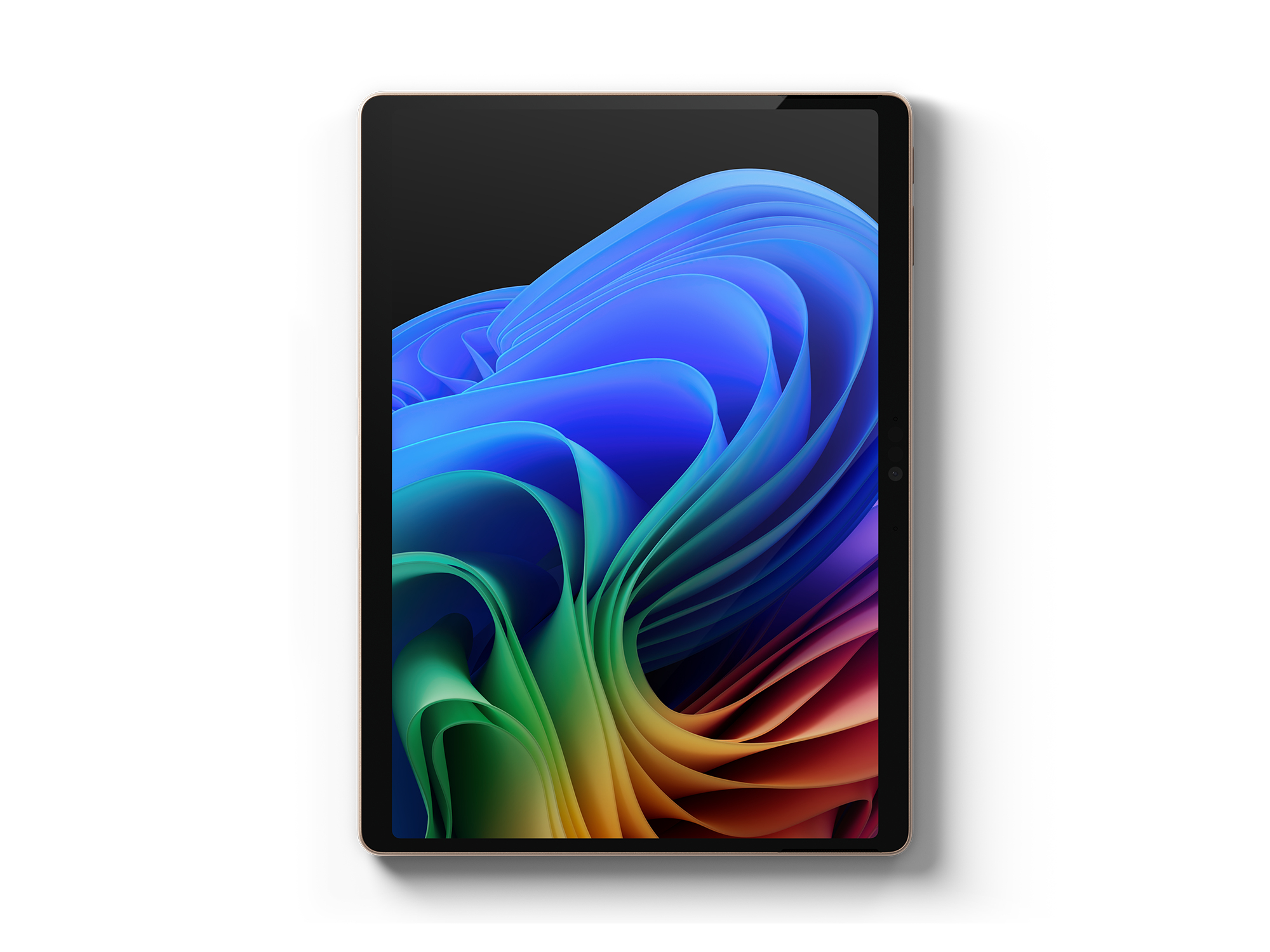 Tablet z kolorowym abstrakcyjnym tłem. Tablet jest złoty, a ekran wyświetla wirujące niebieskie, zielone i czerwone kształty.