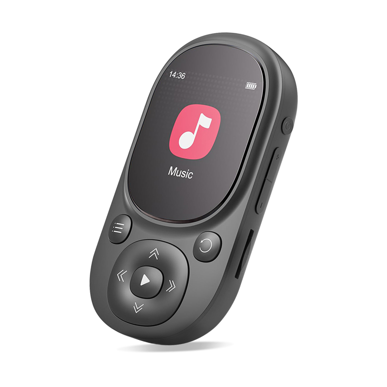 Ein schwarzer MP3-Player mit Bildschirm, der ein Musiksymbol und die Uhrzeit anzeigt. Er hat Steuertasten und eine seitliche Ein/Aus-Taste.