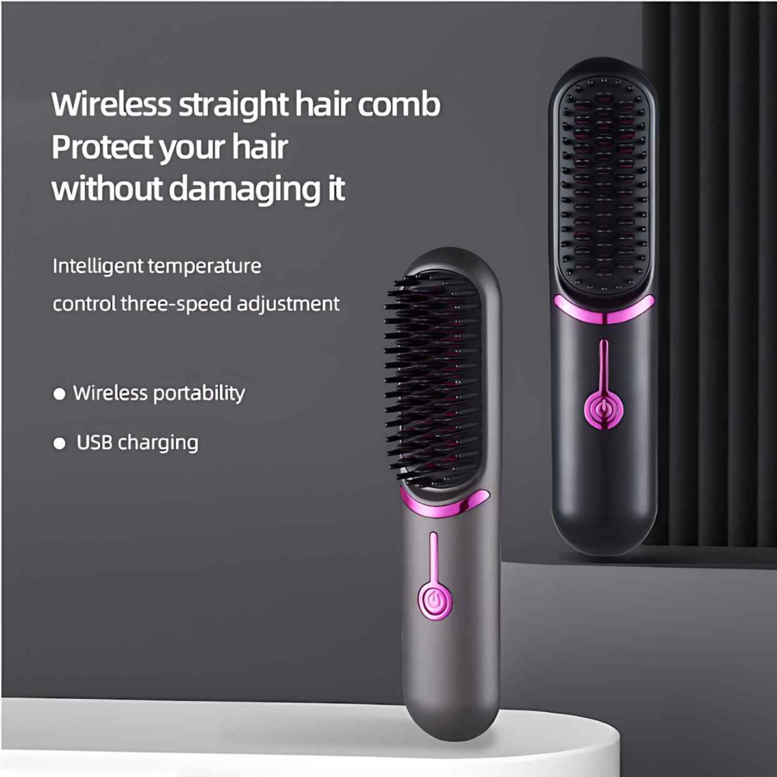Zwei schwarze und rosa Haarglätter. Text: Kabelloser Glätteisenkamm, schützt Ihr Haar, ohne es zu beschädigen.
