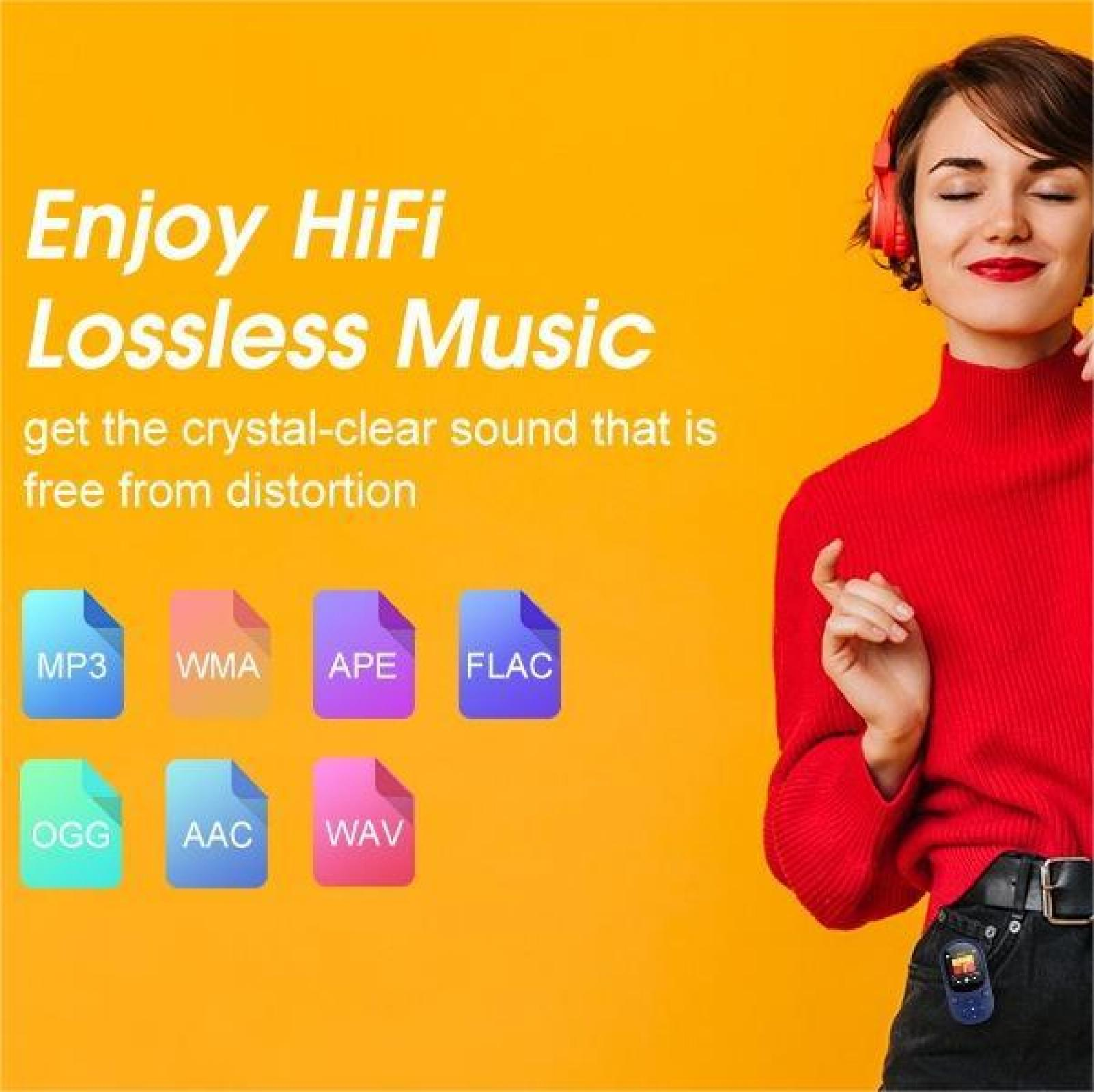 Frau mit Kopfhörern, rotem Oberteil und Musikdateisymbolen. Text: Genießen Sie HiFi Lossless Music.