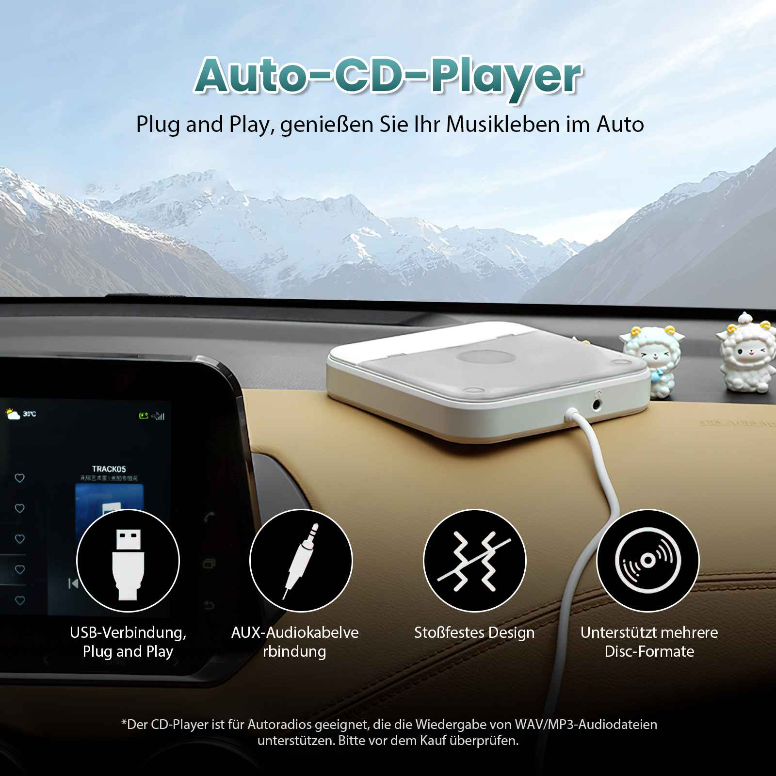 Ein Armaturenbrett mit CD-Player, Symbolen und Text. Berge sind durch die Windschutzscheibe sichtbar.