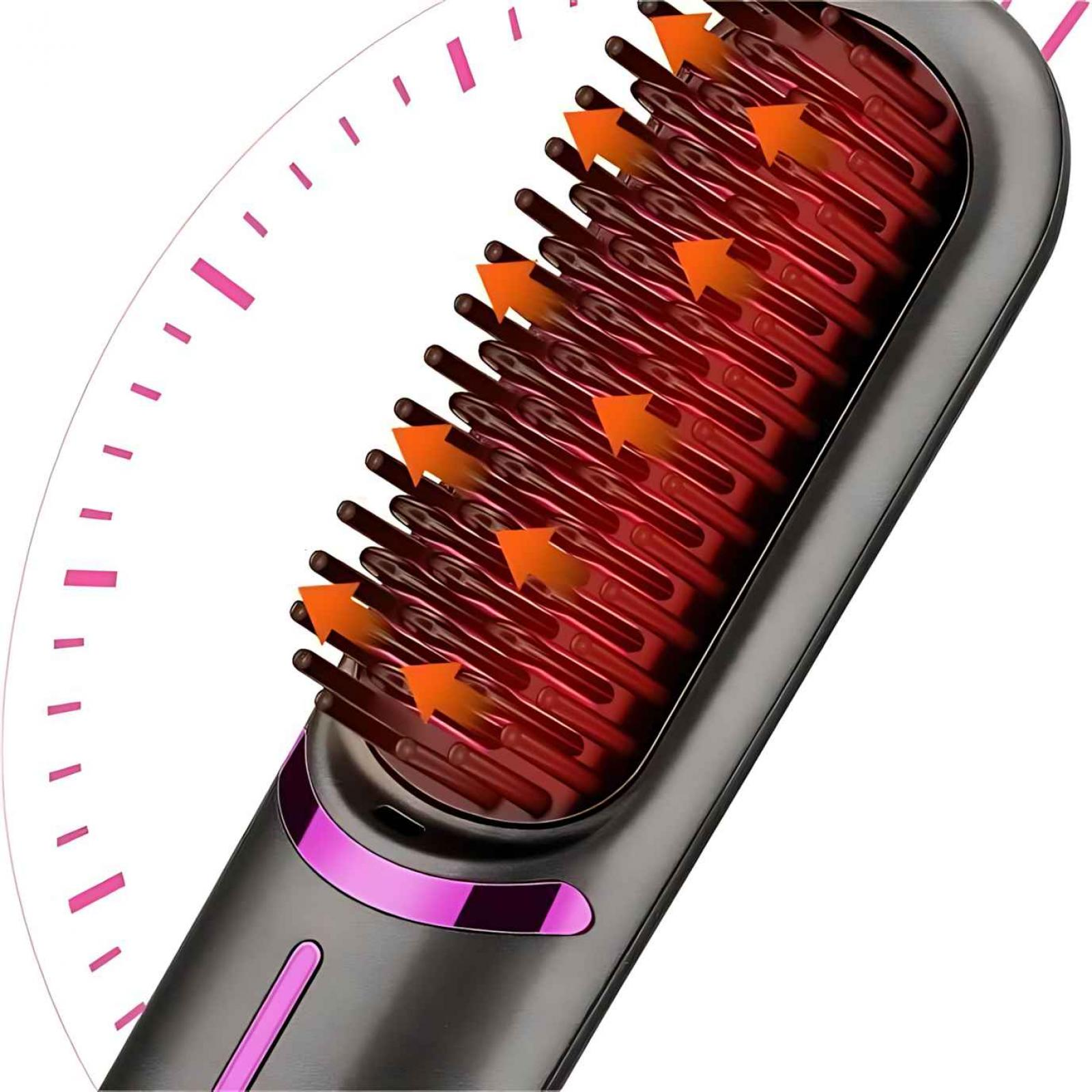 Haarglättungsbürste mit orangenen Pfeilen, die Hitze anzeigen. Pinke Akzente und eine uhrähnliche Grafik sind ebenfalls vorhanden.