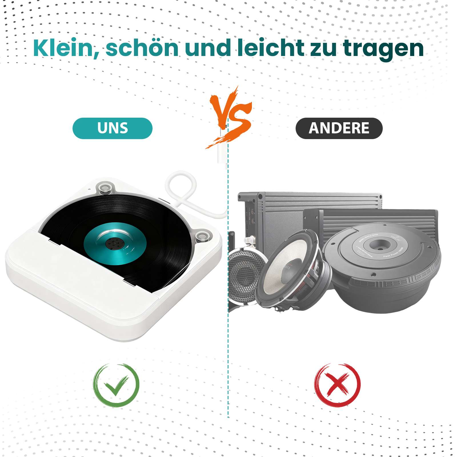 Das Bild vergleicht einen Plattenspieler mit Lautsprechern. Eine Seite zeigt einen Plattenspieler mit Haken, die andere Lautsprecher mit rotem X.