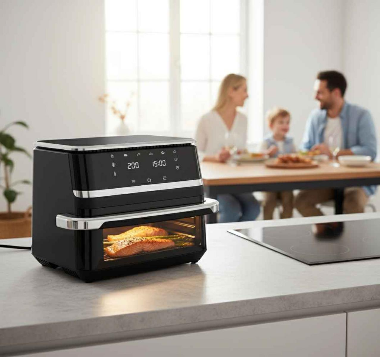 Ein schwarzer Airfryer mit Lachs. Im Hintergrund isst eine Familie. Eine Arbeitsplatte und ein Kochfeld sind im Bild.
