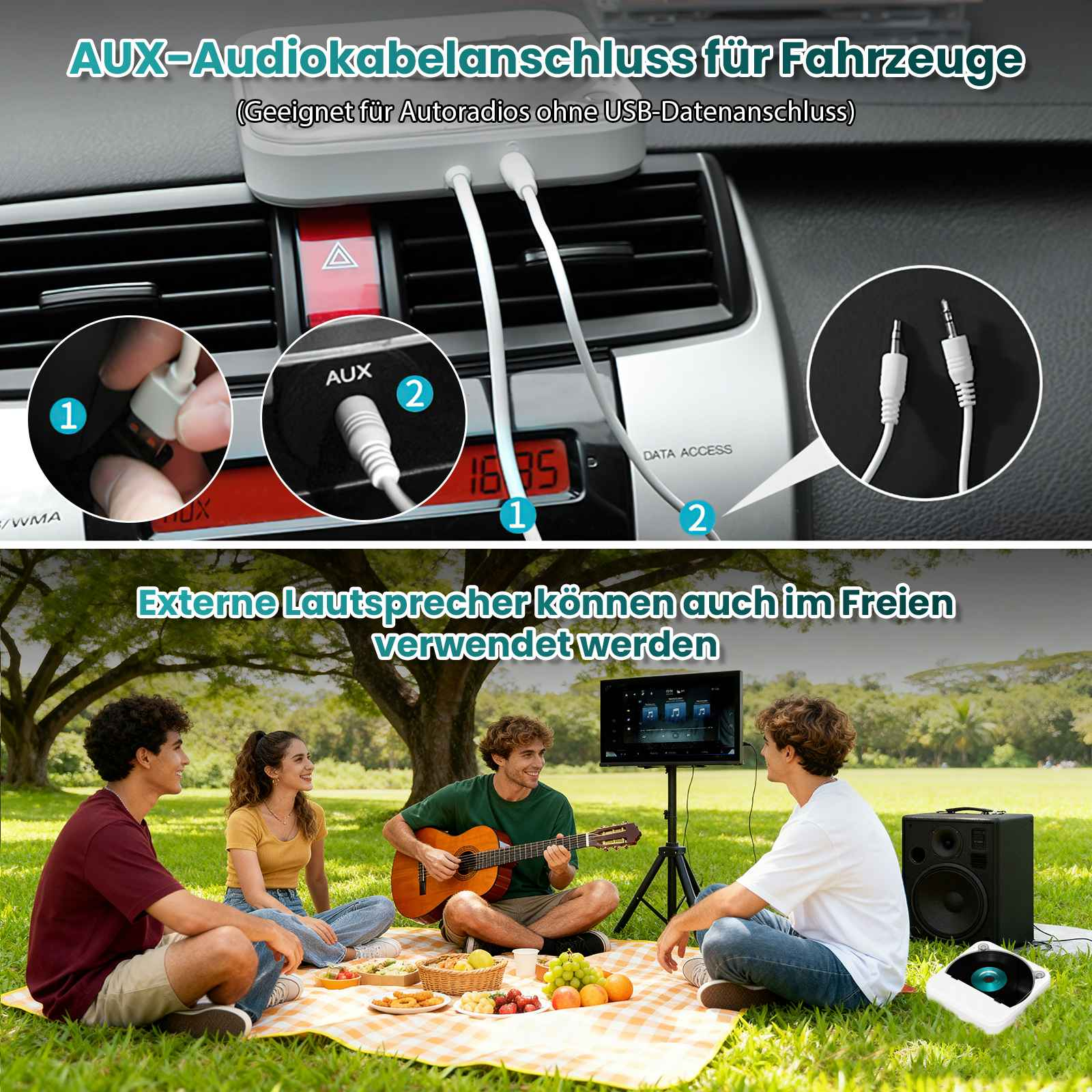 Das Bild zeigt Auto-Audioanschlüsse und eine Gruppe von Menschen im Freien mit Gitarre, Bildschirm und Lautsprecher.
