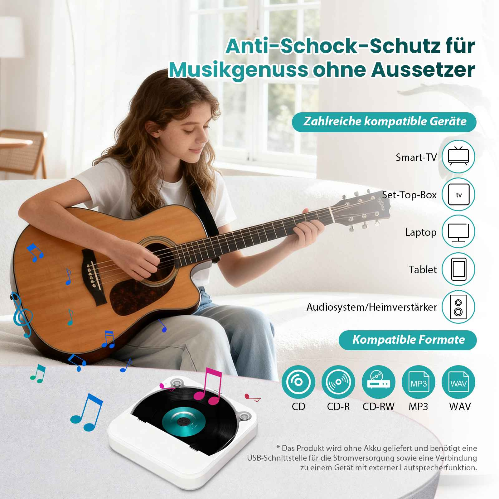 Ein Mädchen spielt Gitarre. Ein weißer Player mit einer Schallplatte ist vorne. Symbole und Texte sind sichtbar.