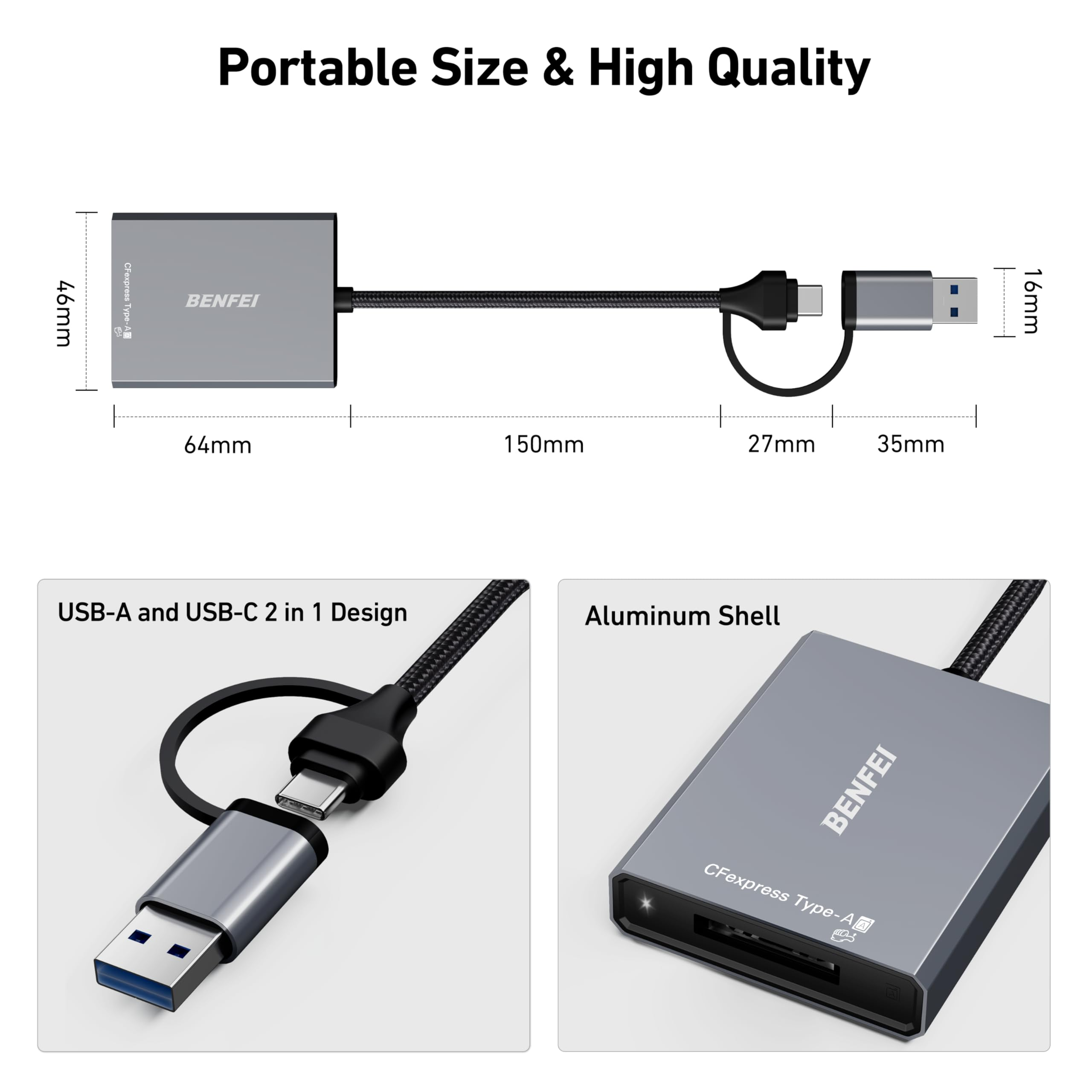 Produktbild zeigt einen grauen Kartenleser mit Abmessungen und einem USB-A- und USB-C-Anschluss.