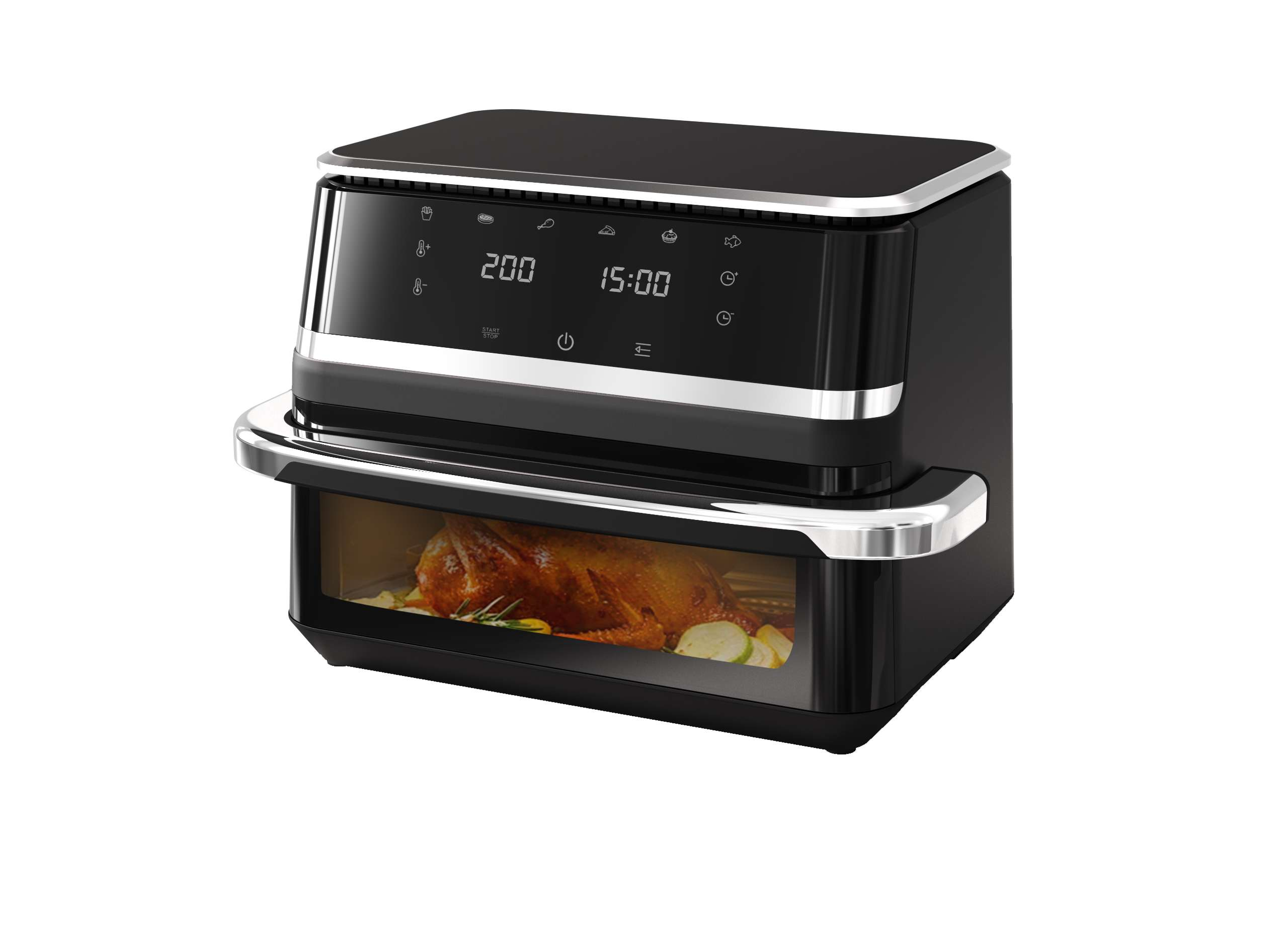 Ein schwarzer Airfryer mit einem gebratenen Hähnchen darin. Das Display zeigt 200 und 15:00 an. Es hat einen silbernen Griff.