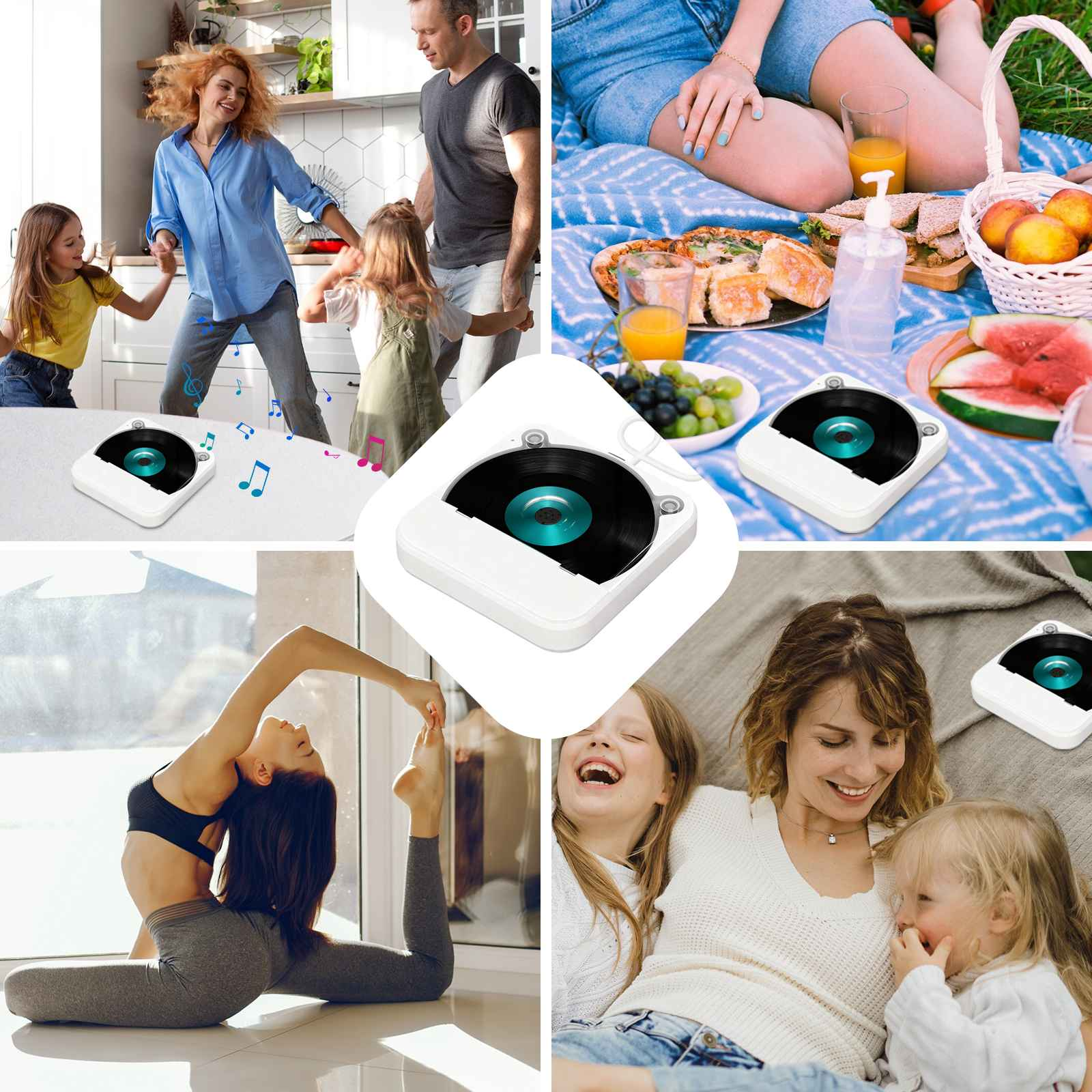 Eine Collage zeigt eine Familie, die in einer Küche tanzt, ein Picknick mit Essen, eine Frau, die Yoga macht, und eine Mutter mit Kindern.