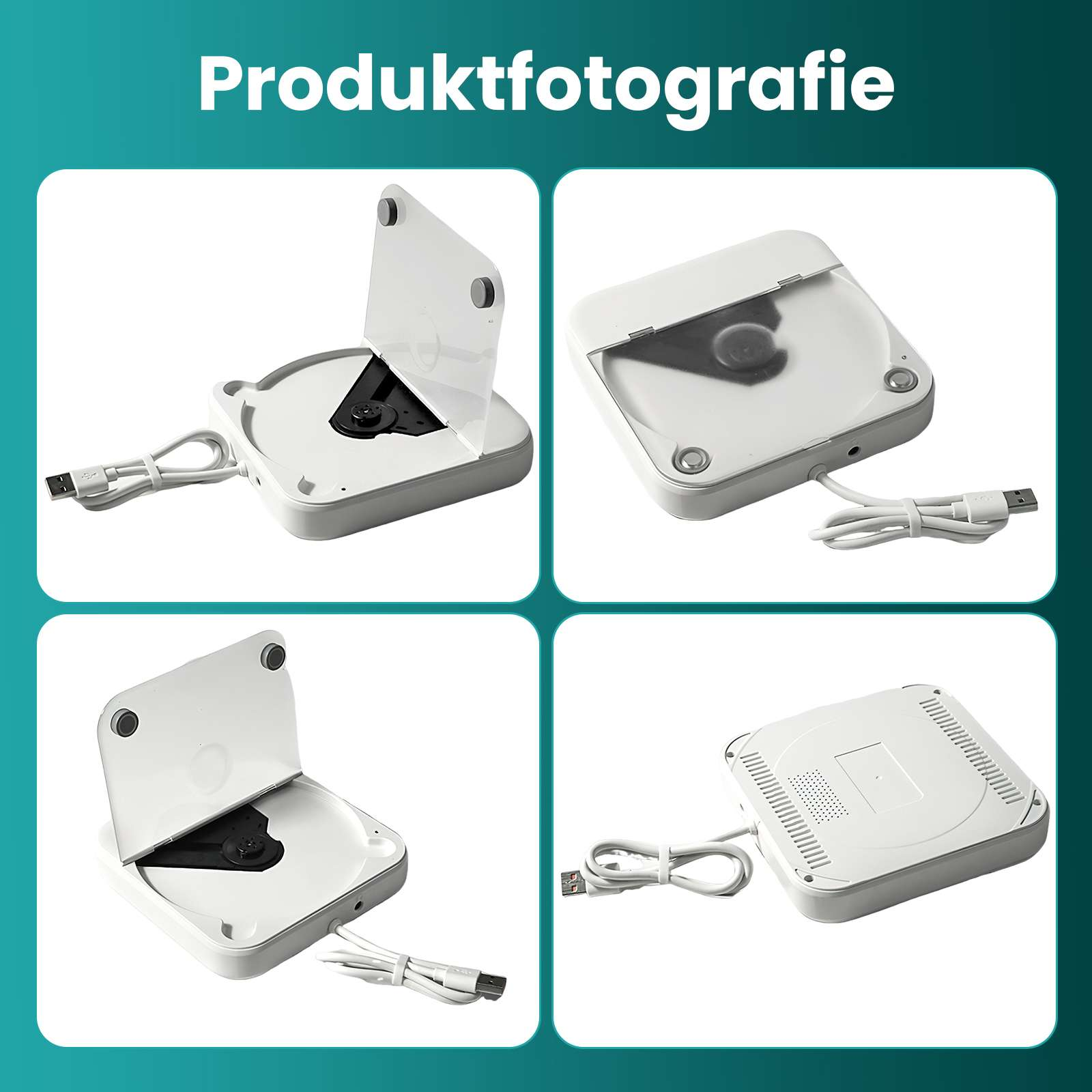 Vier Produktaufnahmen eines weißen CD-Players, einige mit geöffneten Deckeln und USB-Kabeln. Der Hintergrund ist weiß mit grünem Rand.