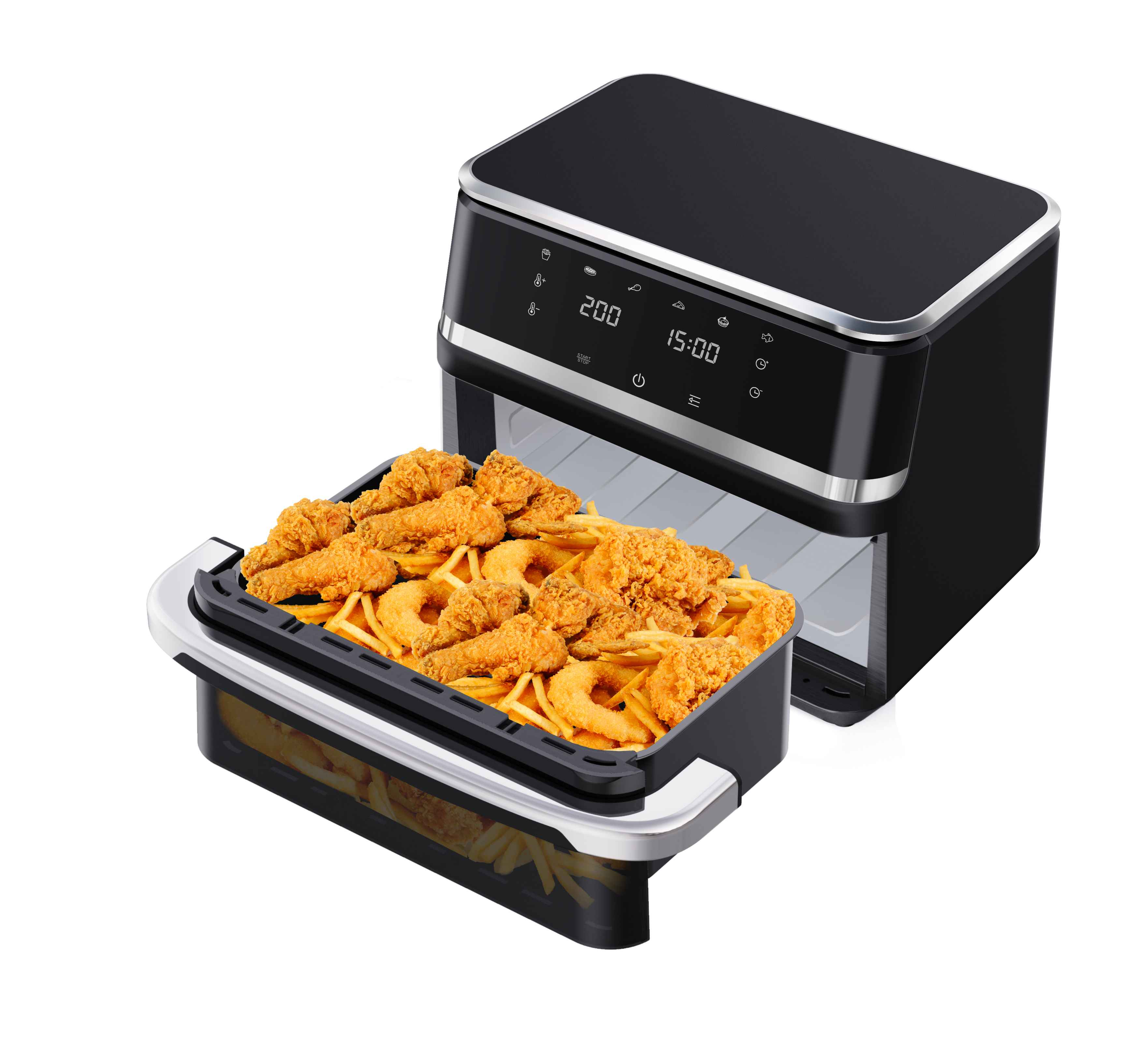 Eine Heißluftfritteuse mit Brathähnchen, Pommes Frites und Zwiebelringen. Sie ist schwarz mit Digitalanzeige.