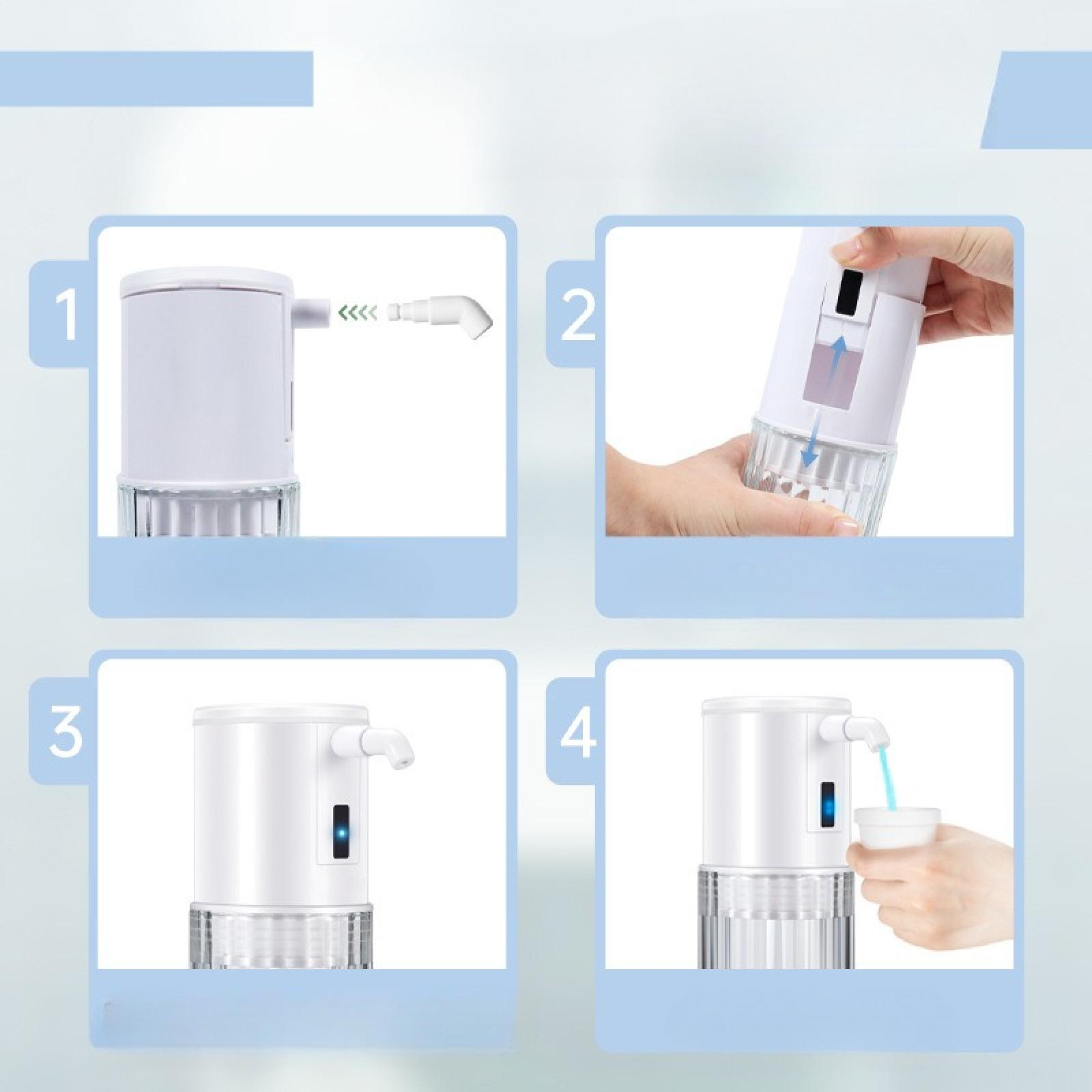 Ein weißer, automatischer Seifenspender in 4 Schritten. Eine Hand gibt Seife in einen Becher ab. Blaues Licht zeigt den Betrieb an.