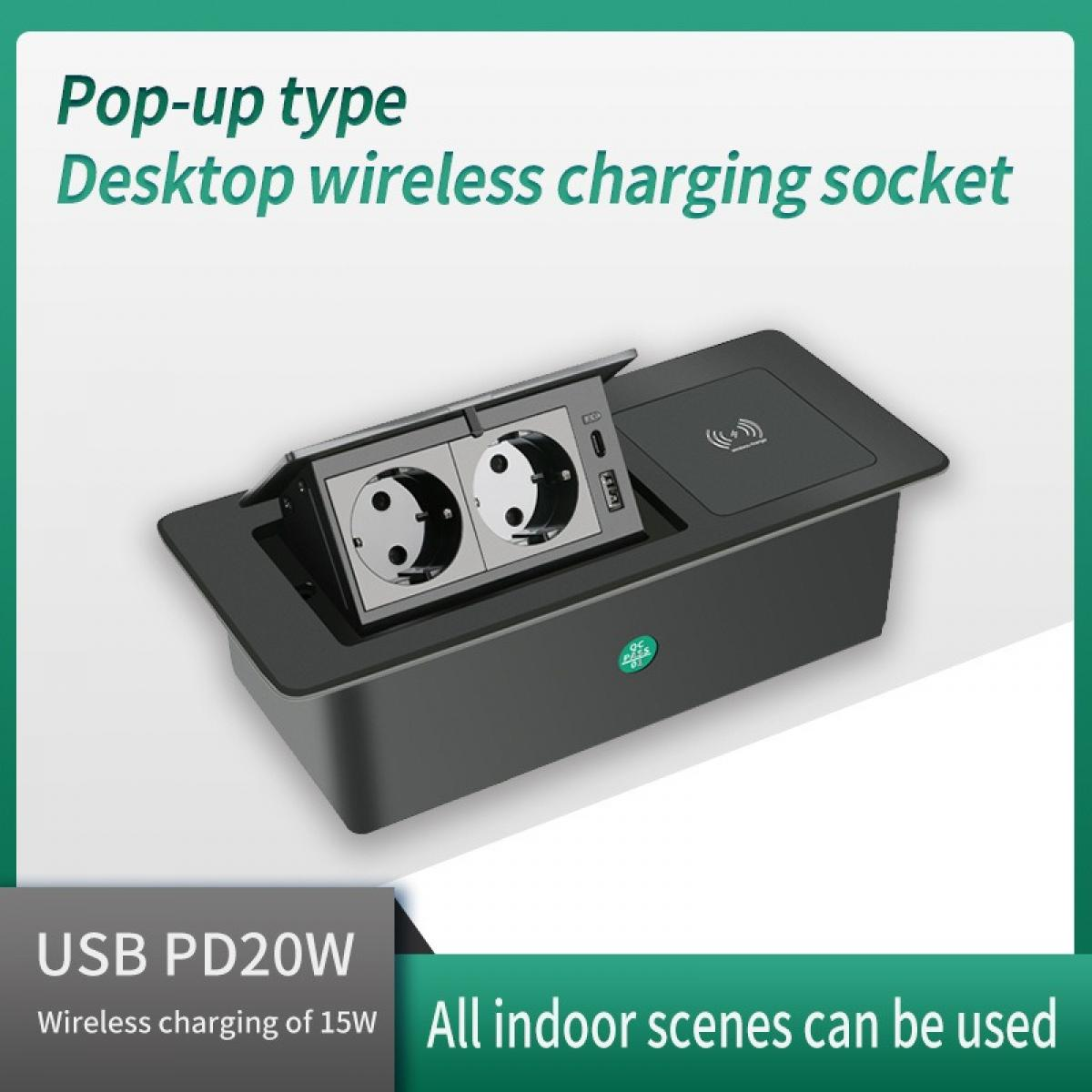 Ein schwarzer Desktop-Wireless-Ladesockel vom Pop-up-Typ mit zwei Steckdosen und einem kabellosen Ladebereich.