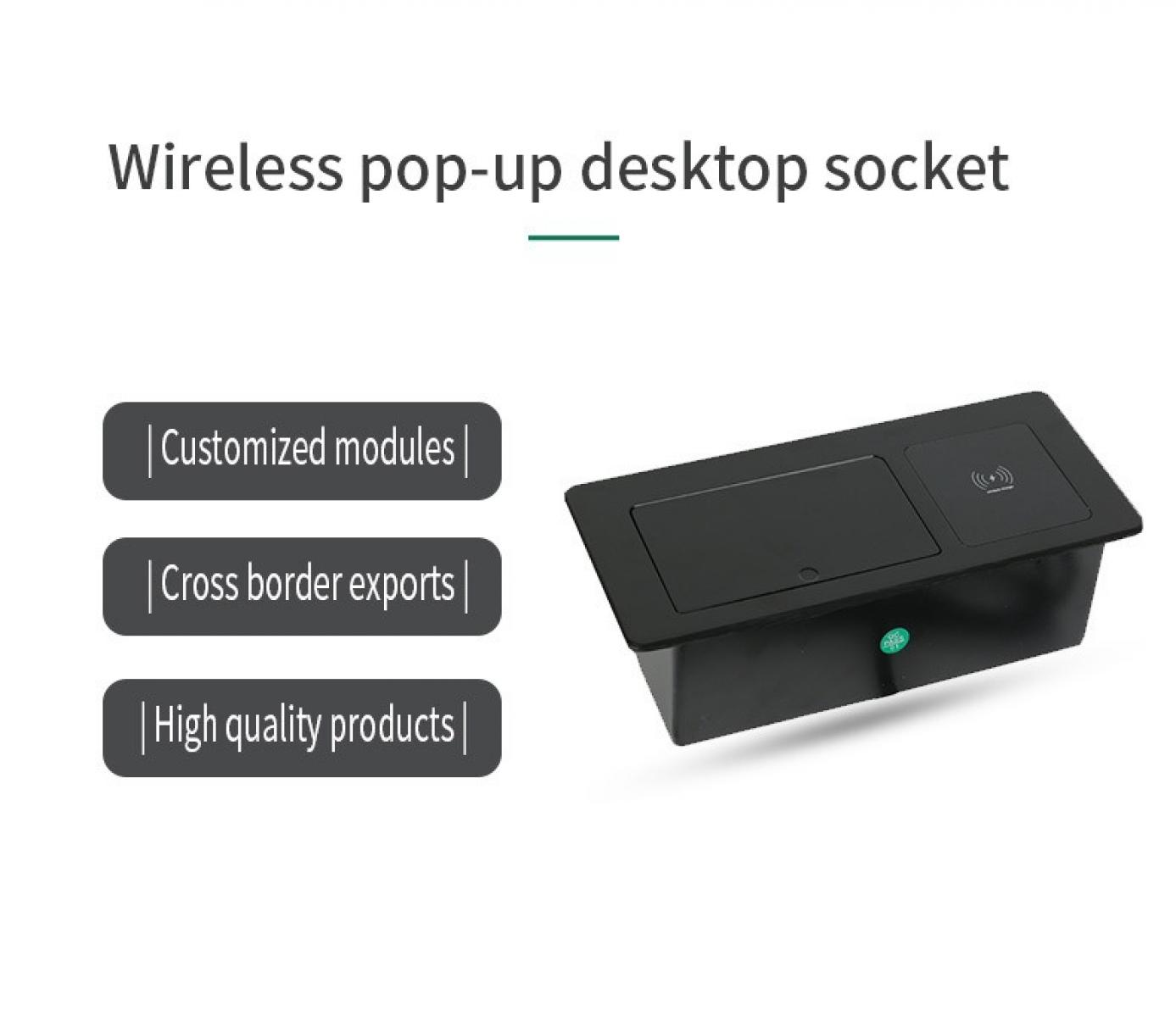 Ein schwarzer, drahtloser Pop-up-Desktop-Sockel mit zwei Fächern. Der Text enthält 'Customized modules', 'Cross border exports' und 'High quality products'.