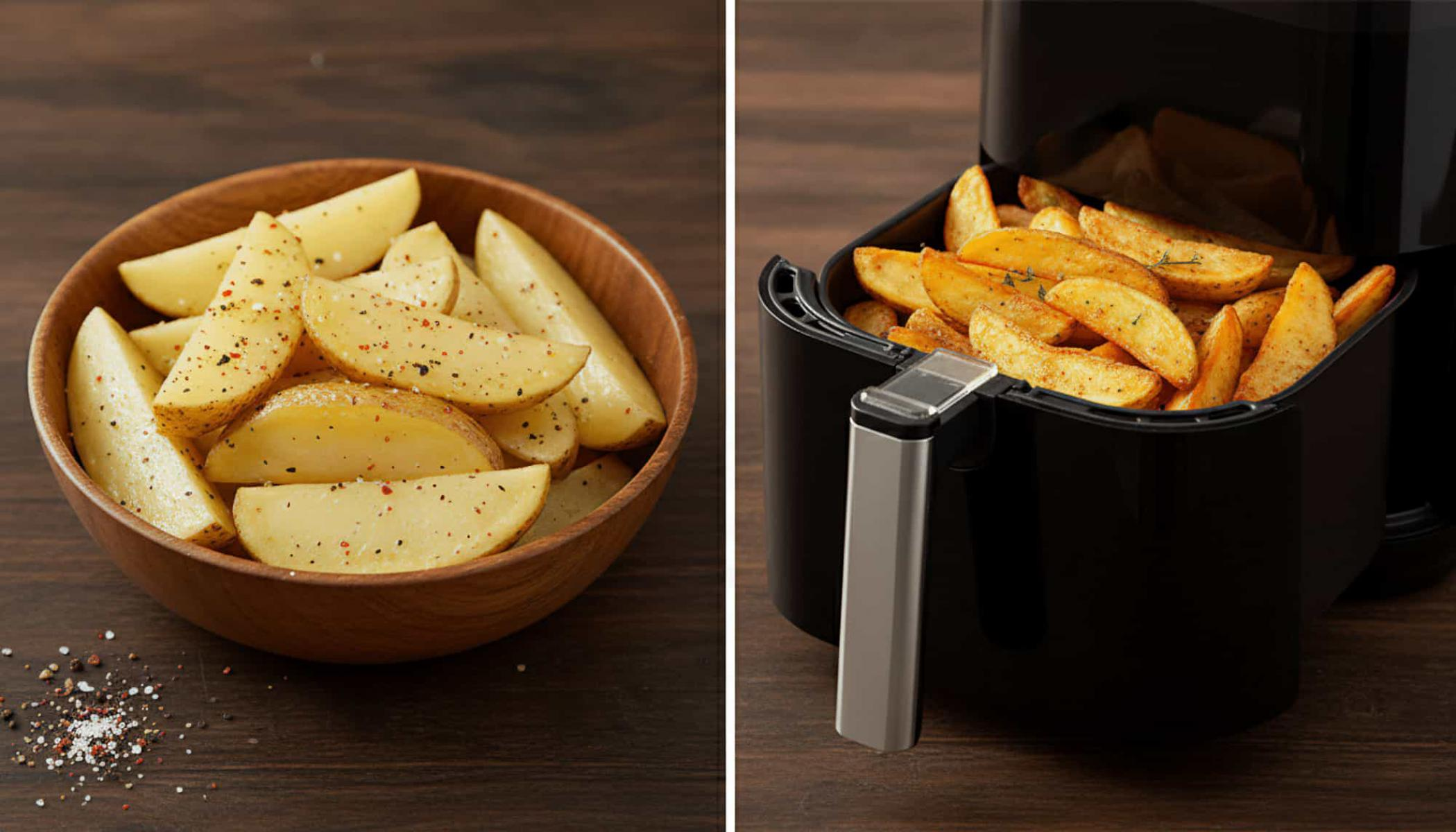 Zwei Bilder: Kartoffelspalten in einer Holzschüssel und in einer Heißluftfritteuse. Beide auf einer Holzoberfläche. Würze auf den Wedges sichtbar.