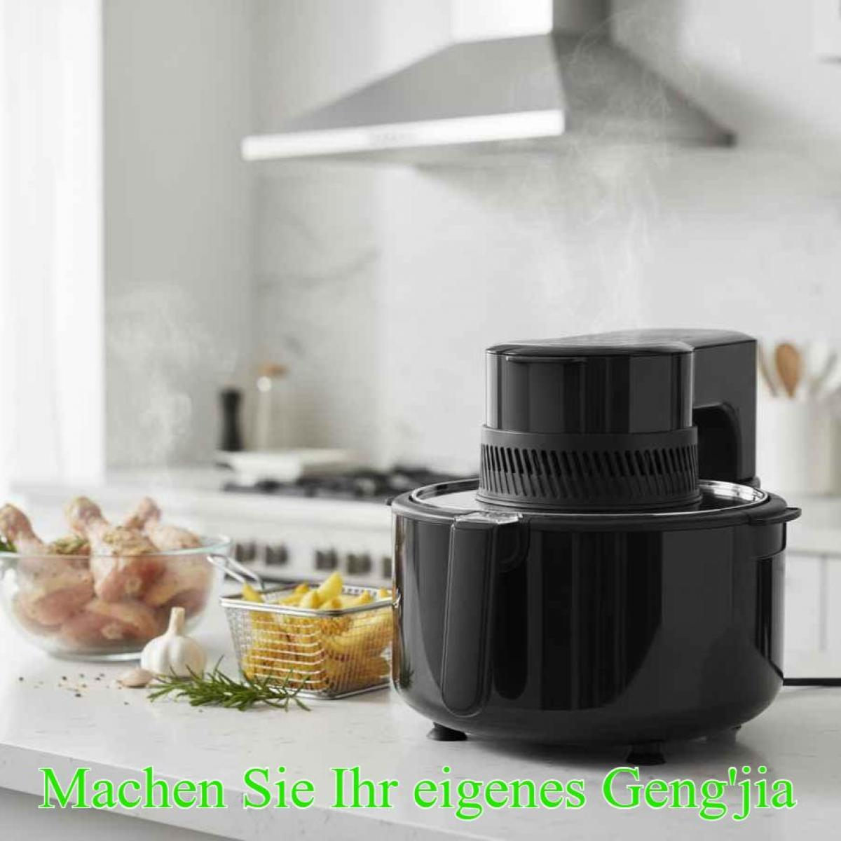 Ein schwarzer Airfryer mit Dampf, Hähnchen und Pommes auf einer Küchentheke. Text unten: 'Machen Sie Ihr eigenes Geng'jia'.