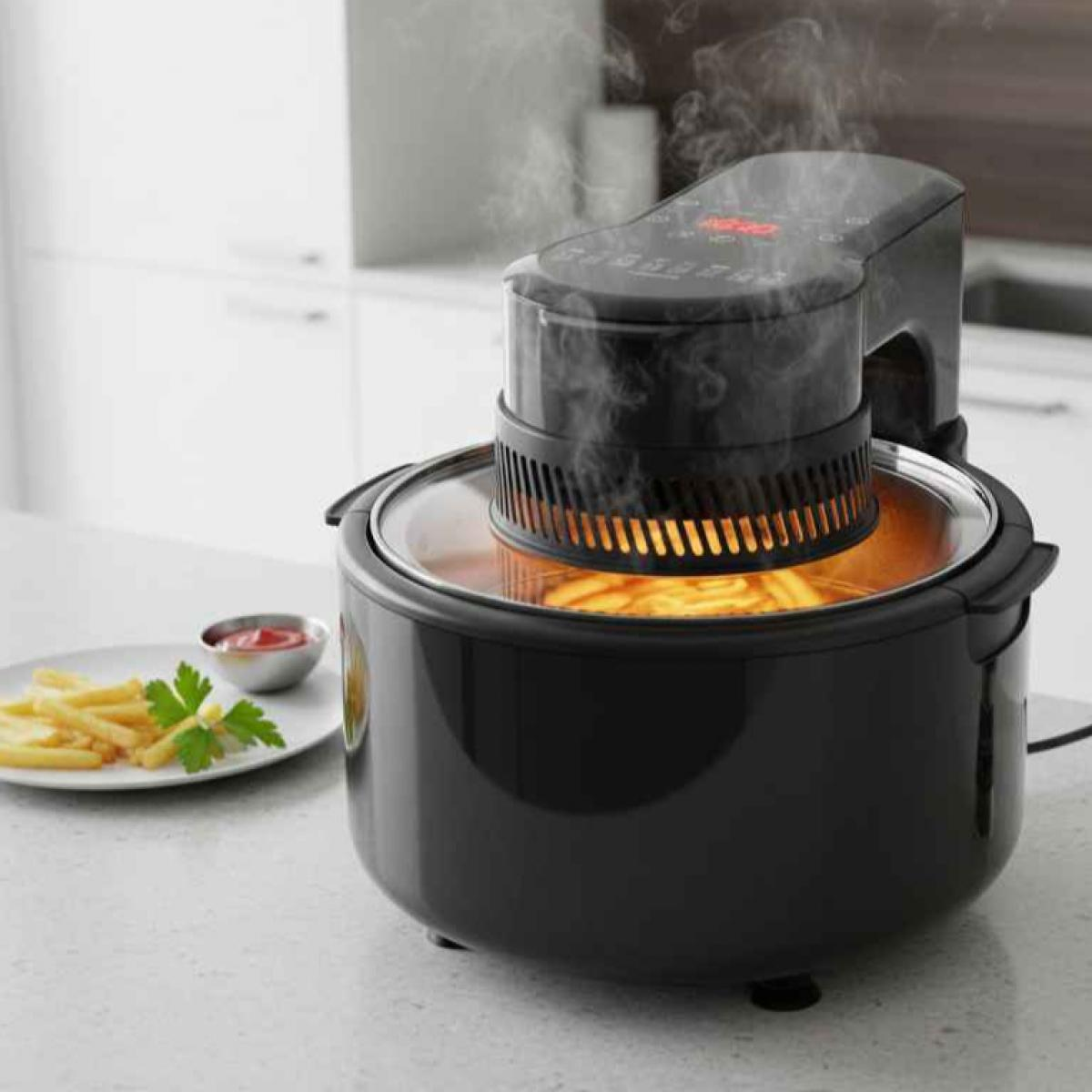 Ein schwarzer Airfryer mit Pommes Frites darin wird gegart. Dampf steigt auf. Pommes und Ketchup sind auf einem Teller.