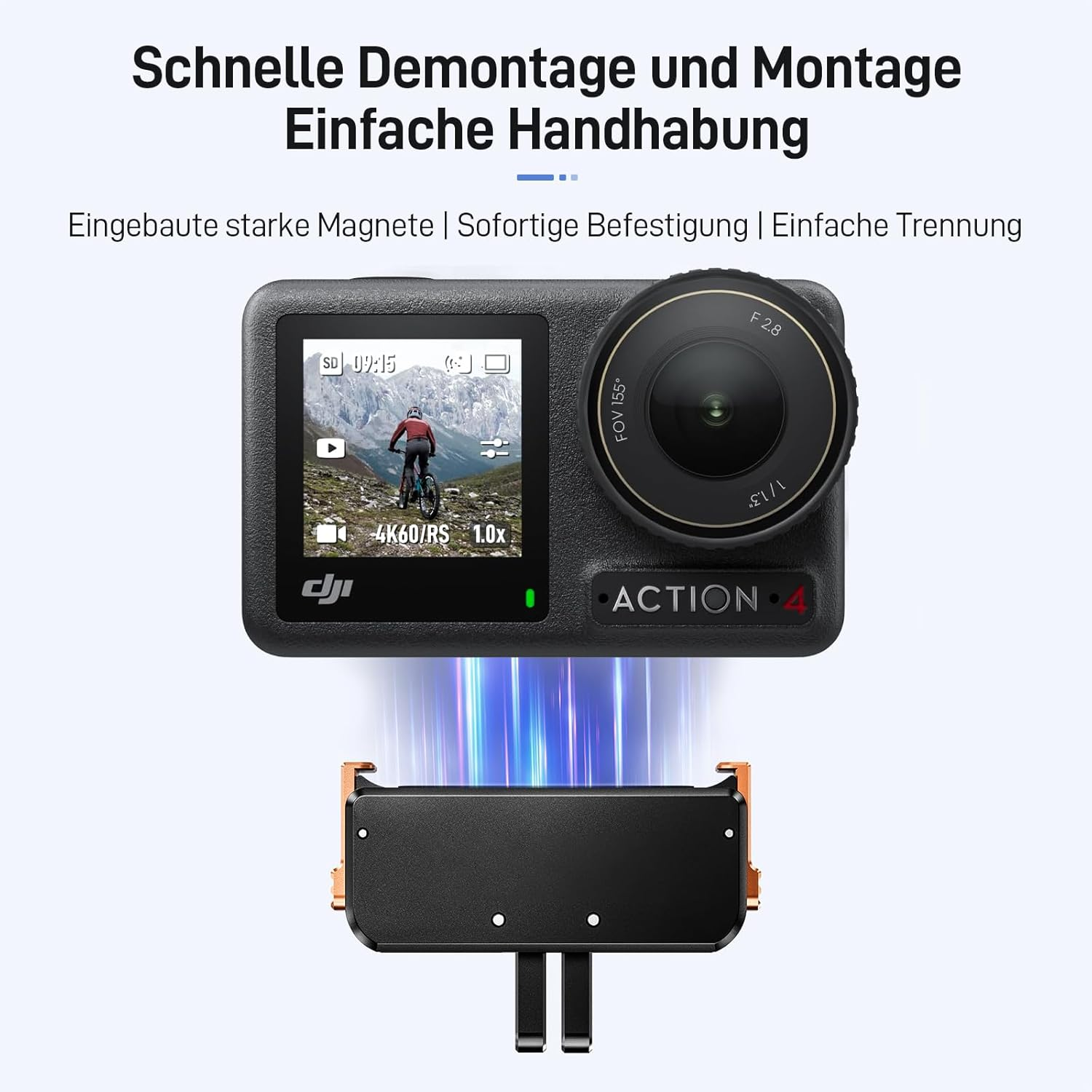 Eine schwarze Action-Kamera mit Objektiv und Bildschirm, auf dem ein Radfahrer zu sehen ist. Sie befindet sich über einer schwarzen Halterung mit goldenen Akzenten.