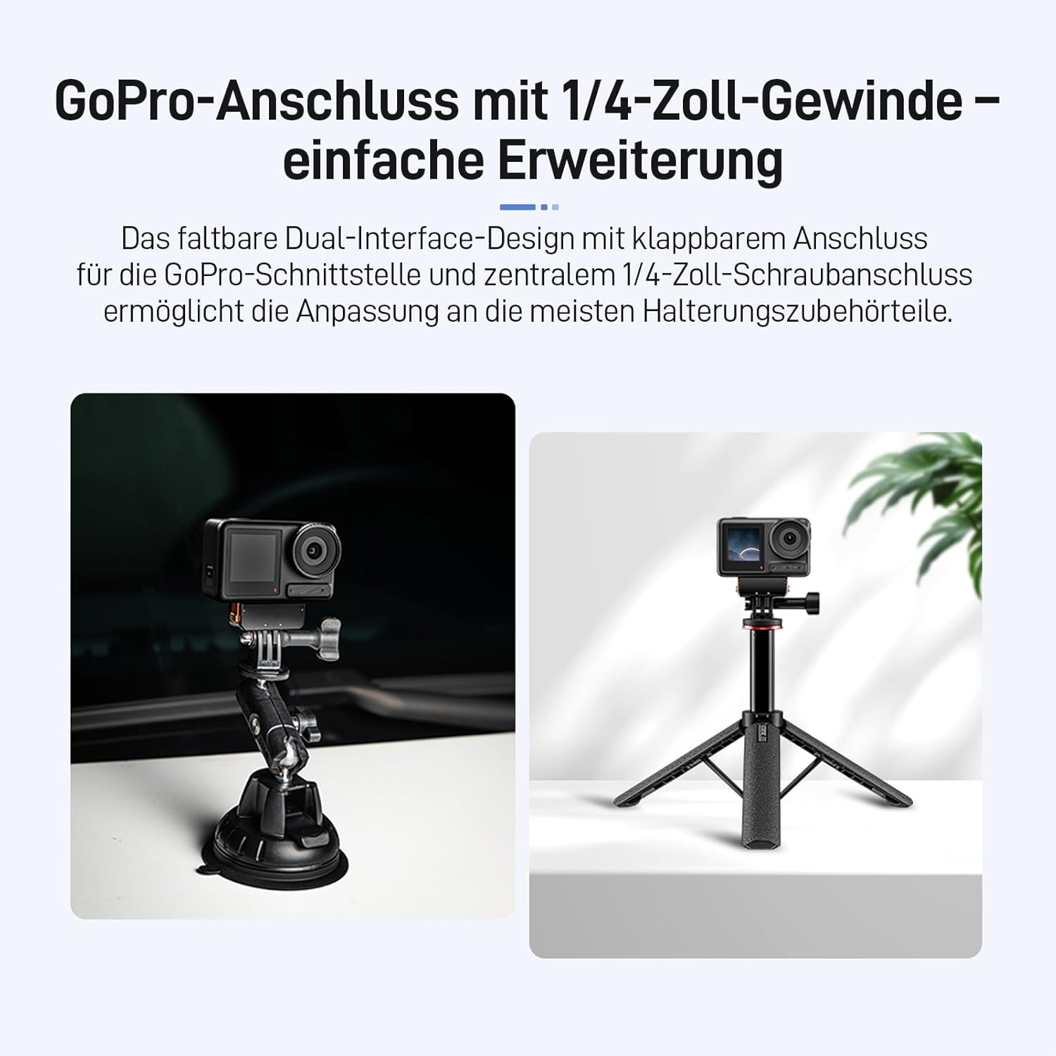 Das Bild zeigt zwei Aufbauten für eine GoPro-Kamera. Eines verwendet eine Saugklemme an einem Auto, das andere ein Stativ. Beide zeigen die Kamera befestigt.
