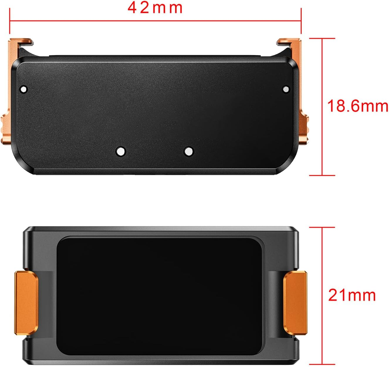 Schwarzes elektronisches Gerät mit orangefarbenen Halterungen, Abmessungen sind beschriftet. Draufsicht: 42 mm breit, 18,6 mm hoch.
