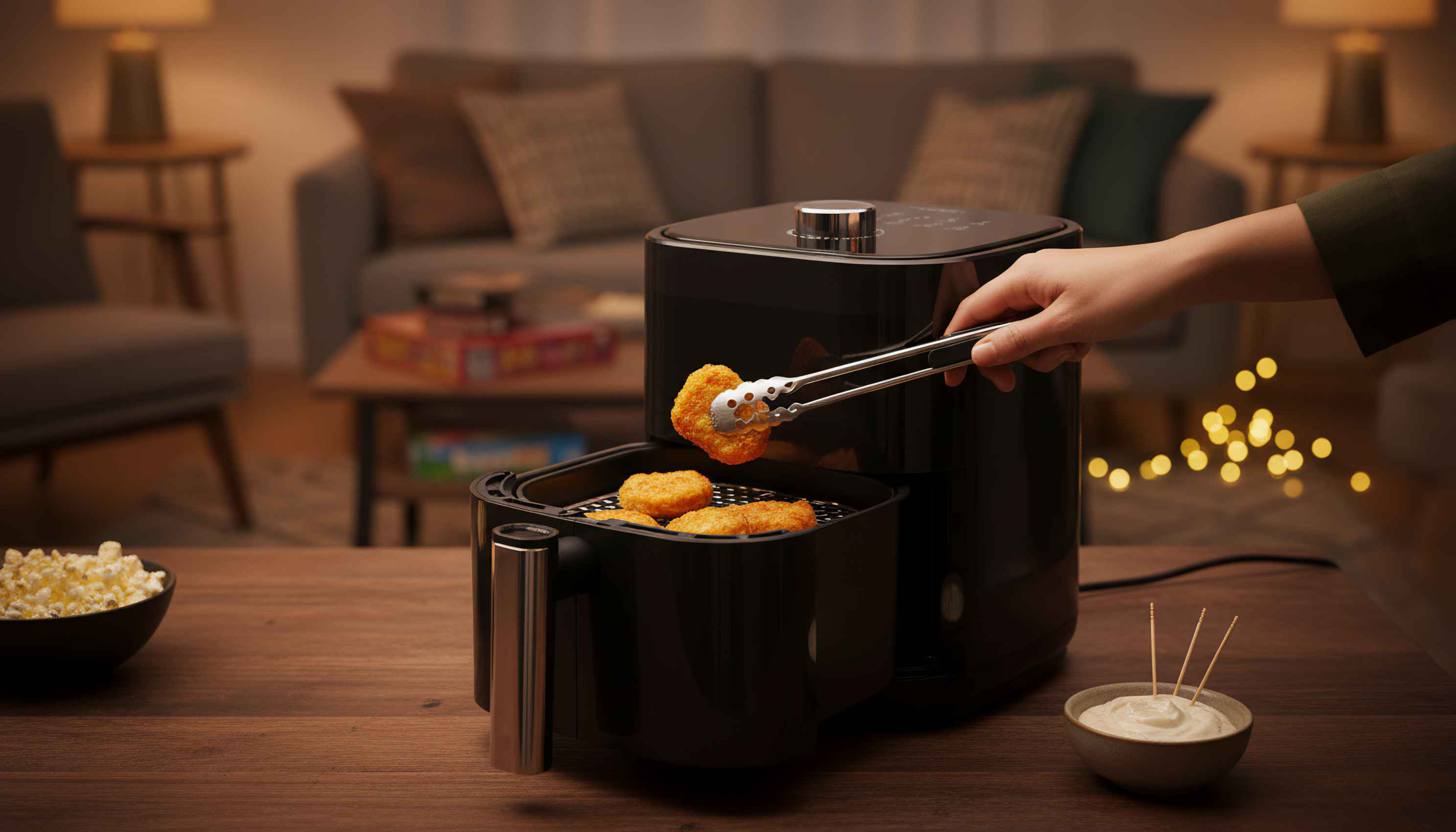 Ein Luftfritteuse mit Chicken Nuggets. Eine Hand benutzt eine Zange, um ein Nugget herauszunehmen. Eine Schüssel Popcorn und Sauce sind in der Nähe.